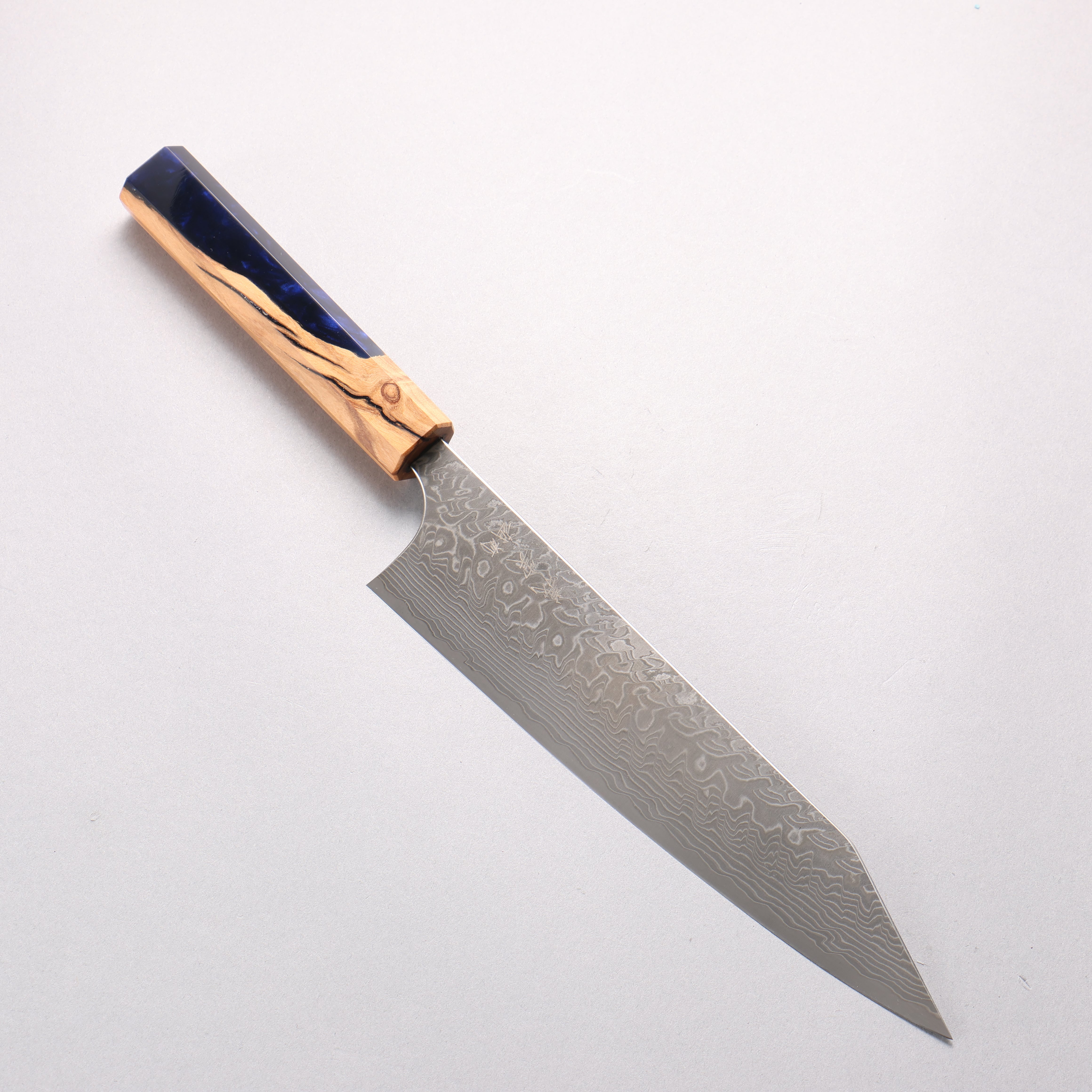 Yoshimi Kato SG2 Black Damascus Kiritsuke Gyuto 210mm Olive Tree and Blue Resin Handle - Seisuke Knife