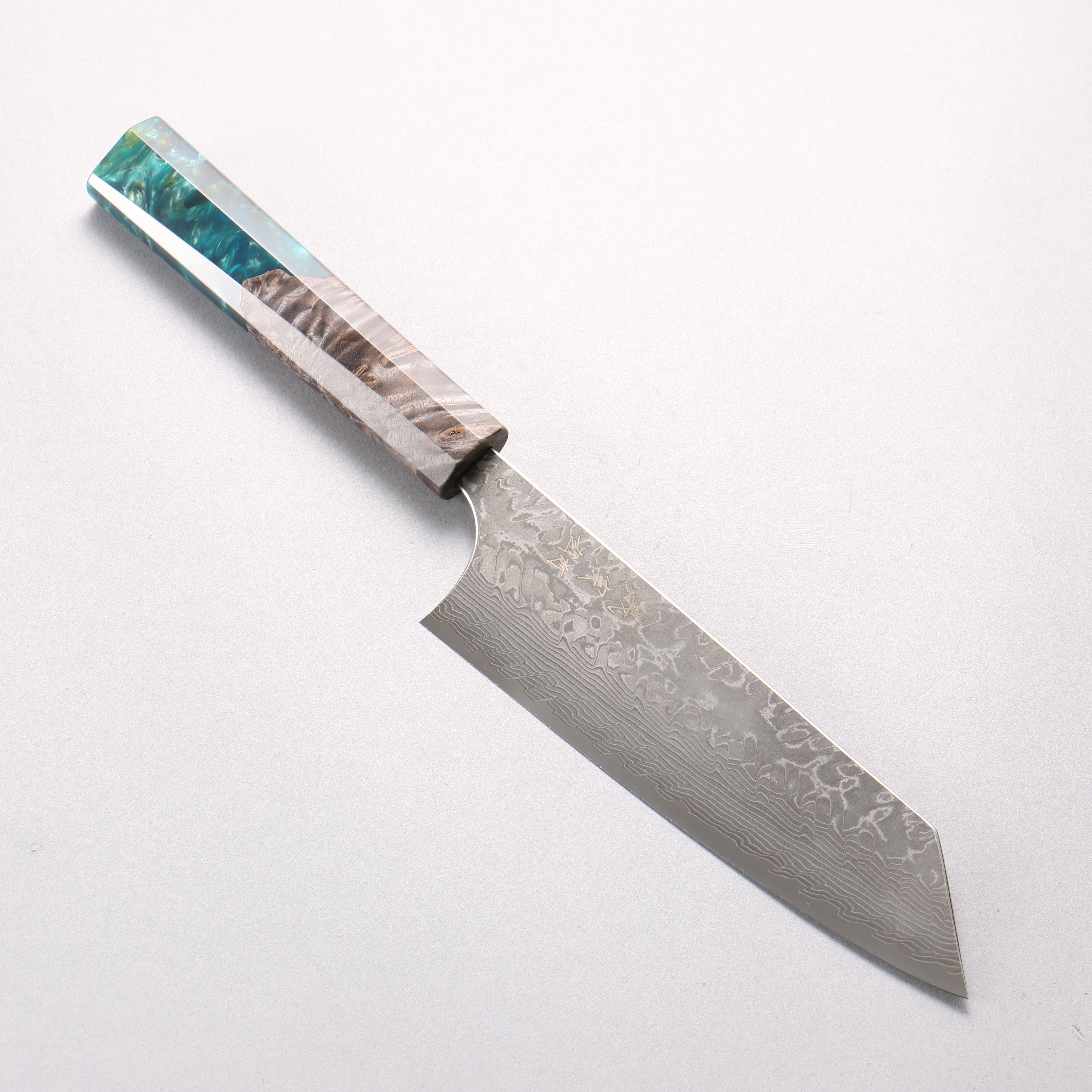 Yoshimi Kato SG2 Black Damascus Bunka 170mm Stabilized Birch with Emerald Green Resin Handle - Seisuke Knife