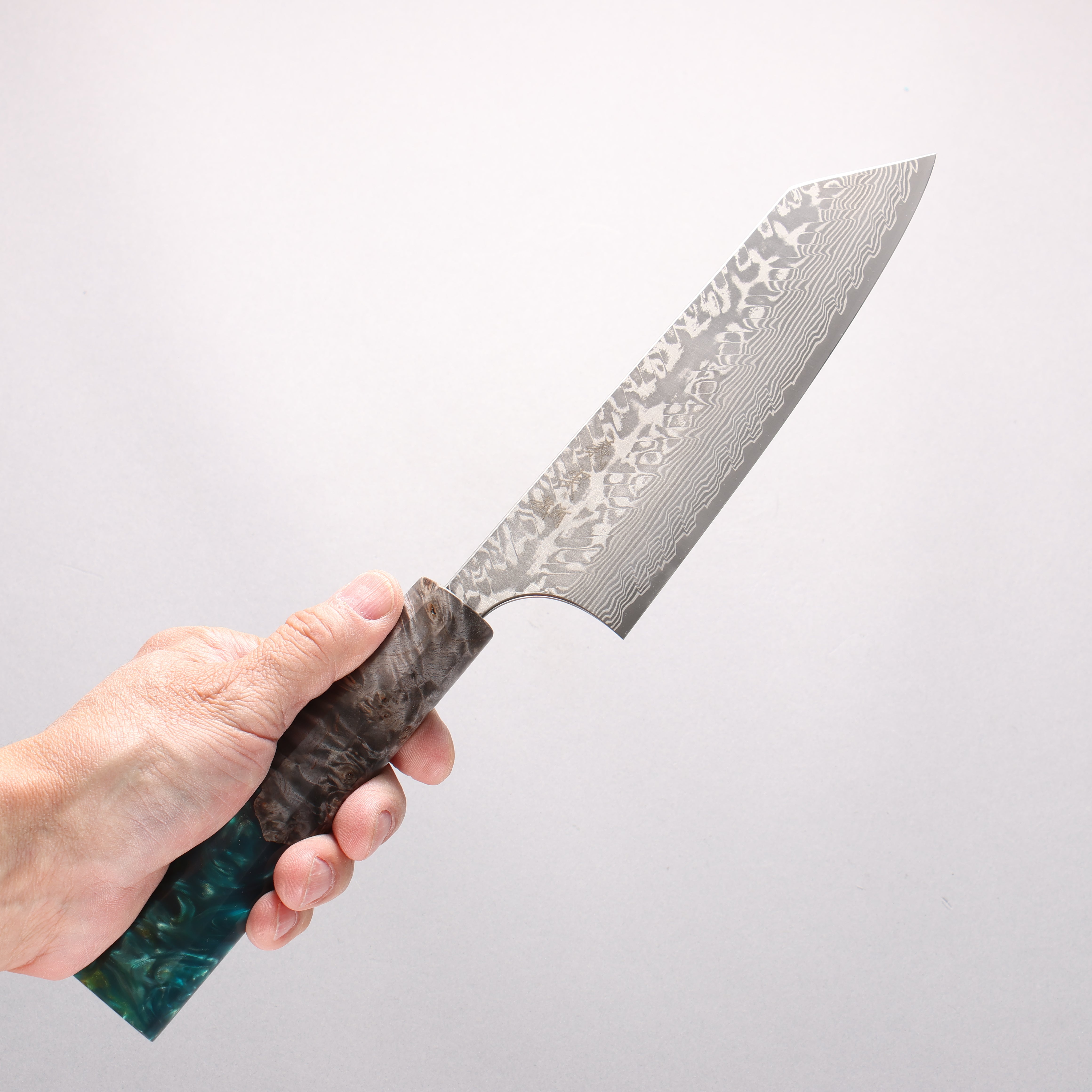 Yoshimi Kato SG2 Black Damascus Bunka 170mm Stabilized Birch with Emerald Green Resin Handle - Seisuke Knife