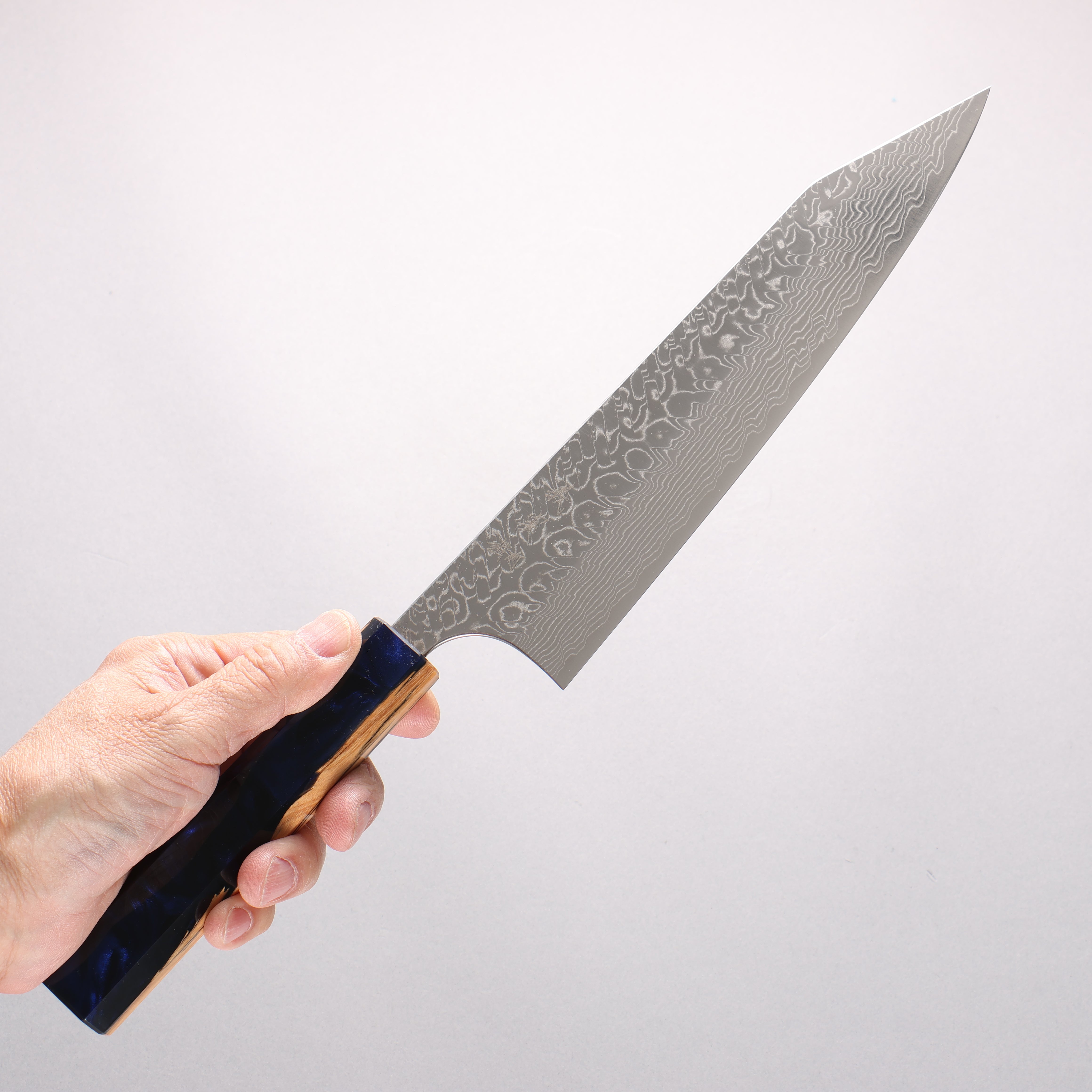 Yoshimi Kato SG2 Damascus Migaki Finished Kiritsuke Gyuto 210mm Olive Tree and Blue Resin Handle - Seisuke Knife