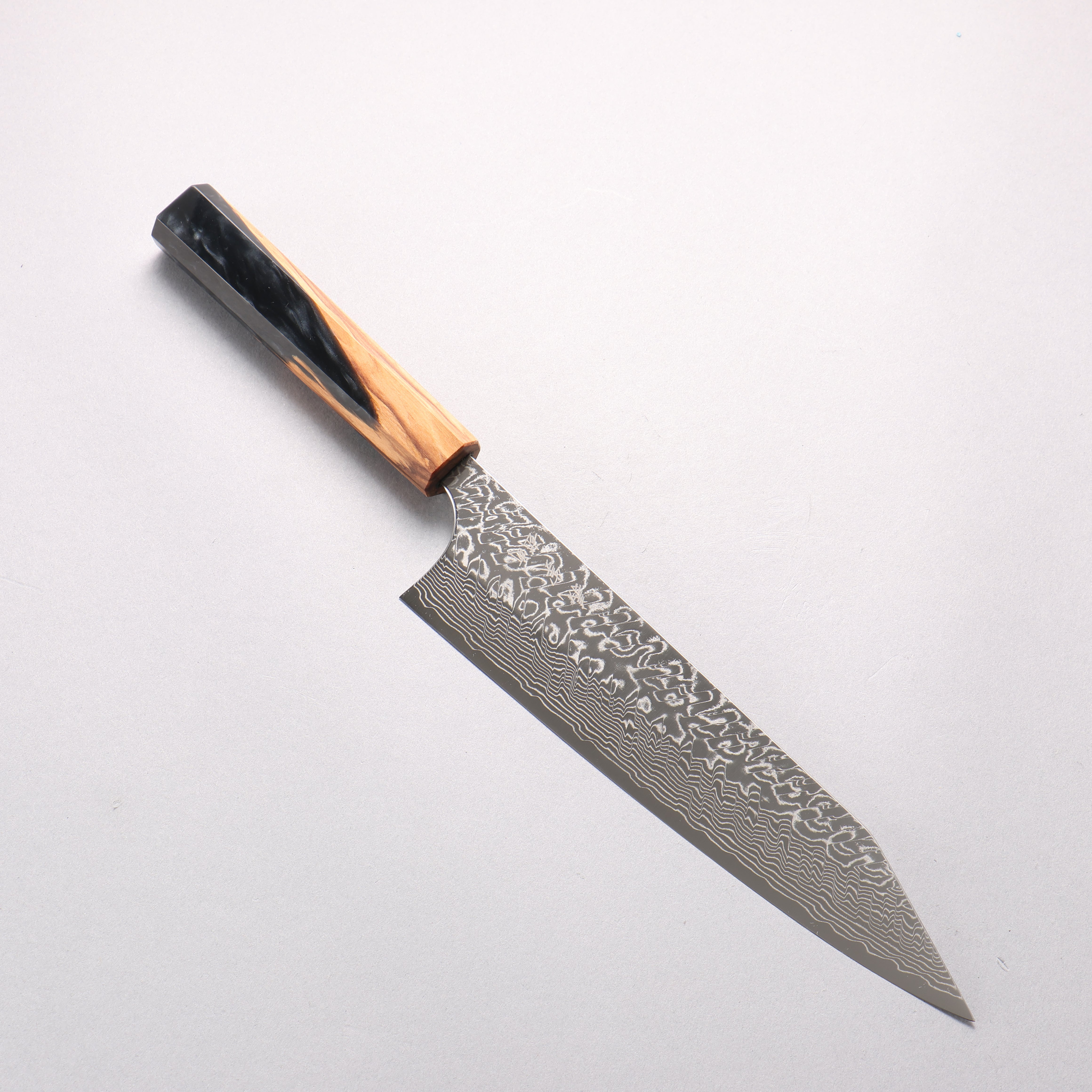 Yoshimi Kato SG2 Damascus Migaki Finished Kiritsuke Gyuto 210mm Olive Tree and Black/White Marble Resin Handle - Seisuke Knife