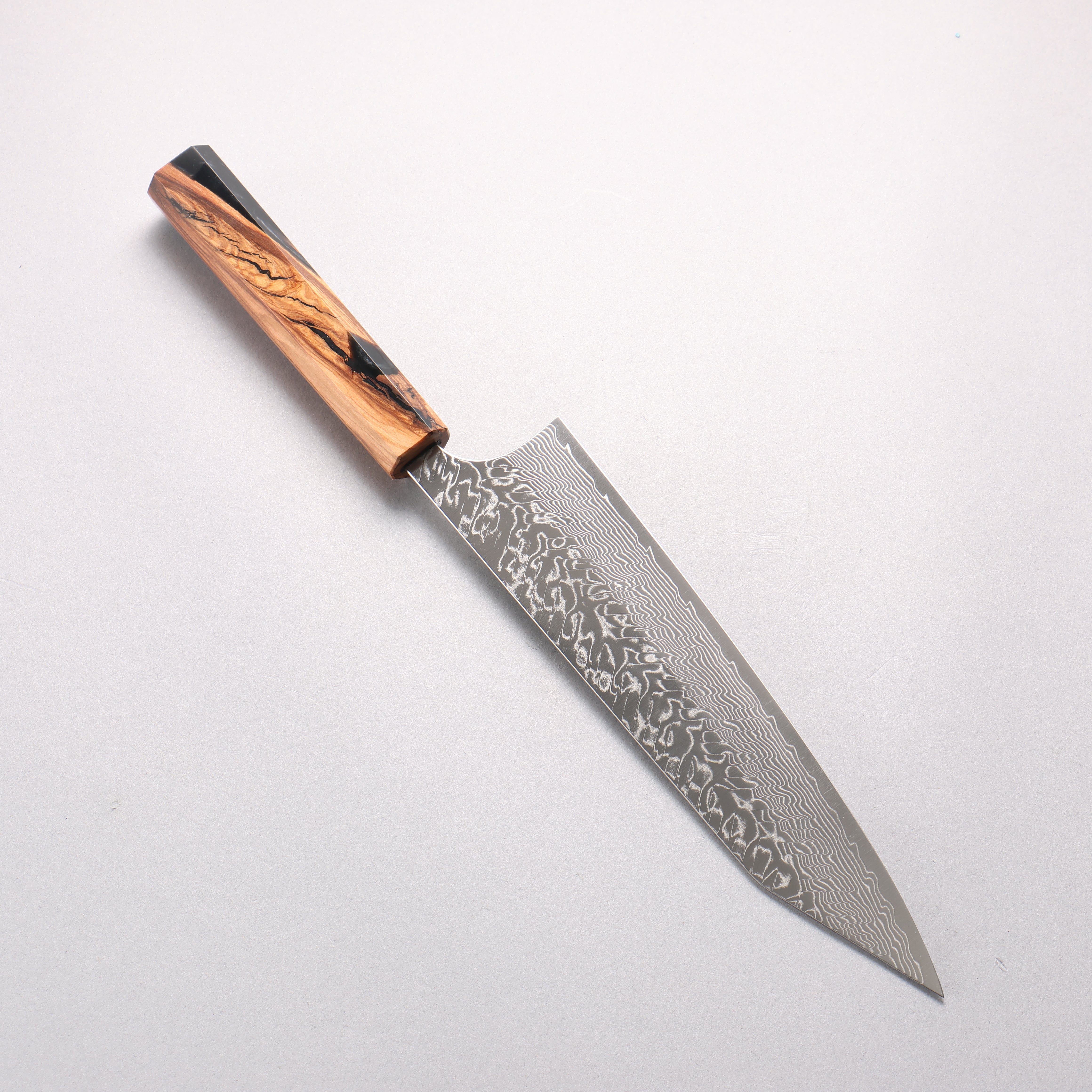 Yoshimi Kato SG2 Damascus Migaki Finished Kiritsuke Gyuto 210mm Olive Tree and Black/White Marble Resin Handle - Seisuke Knife