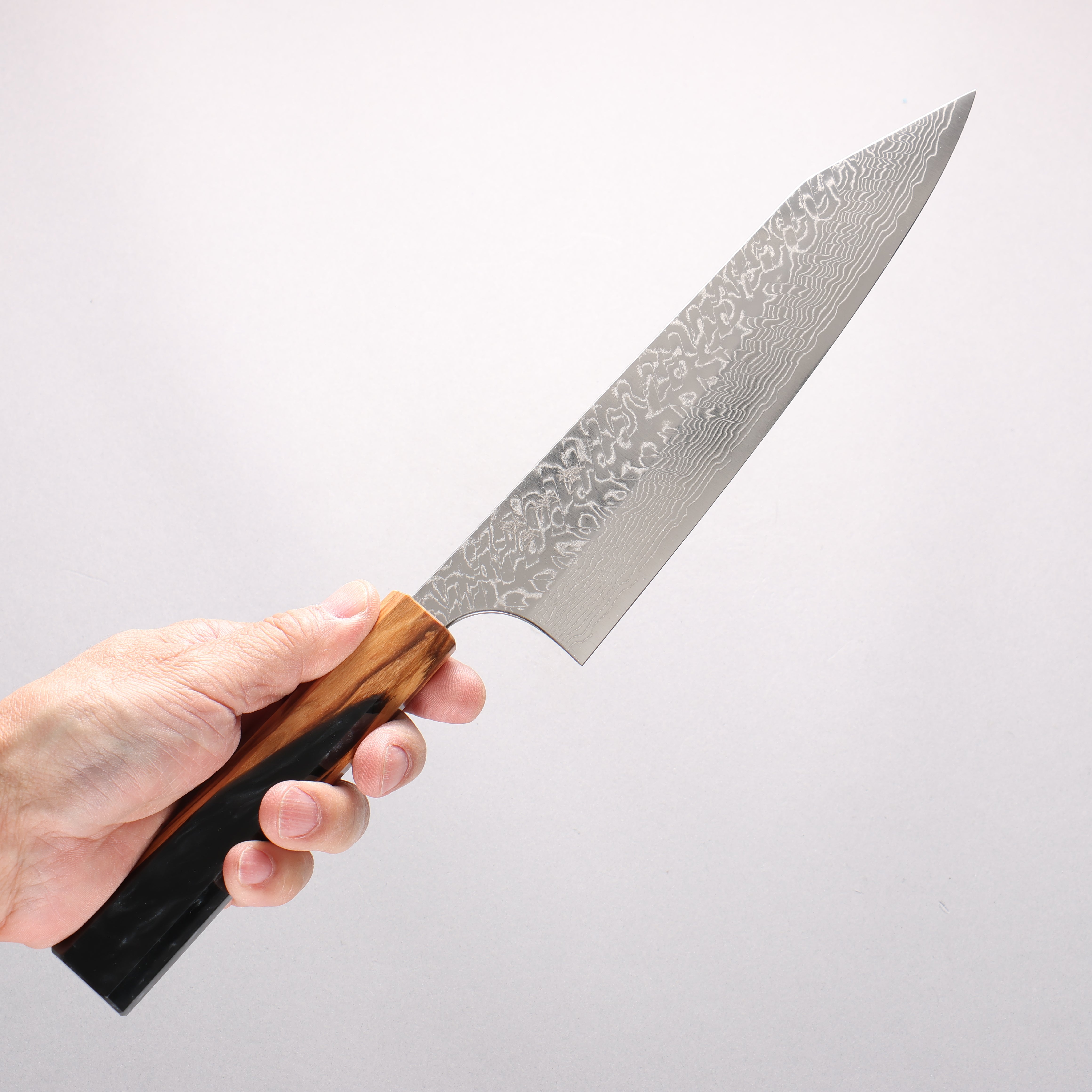 Yoshimi Kato SG2 Damascus Migaki Finished Kiritsuke Gyuto 210mm Olive Tree and Black/White Marble Resin Handle - Seisuke Knife
