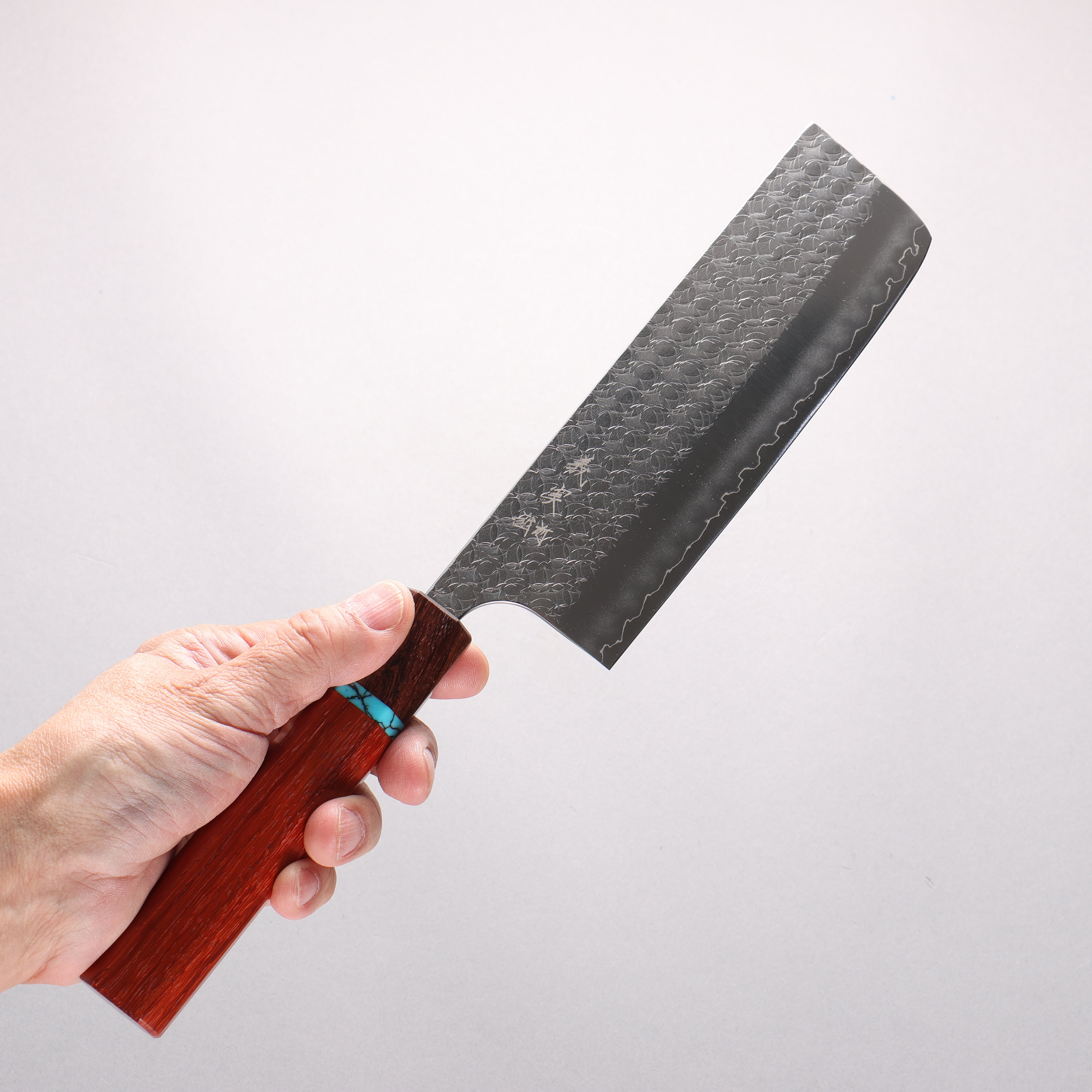 Yoshimi Kato Minamo SG2 Hammered Nakiri 165mm Padoauk & Turquoise Ring Handle - Seisuke Knife