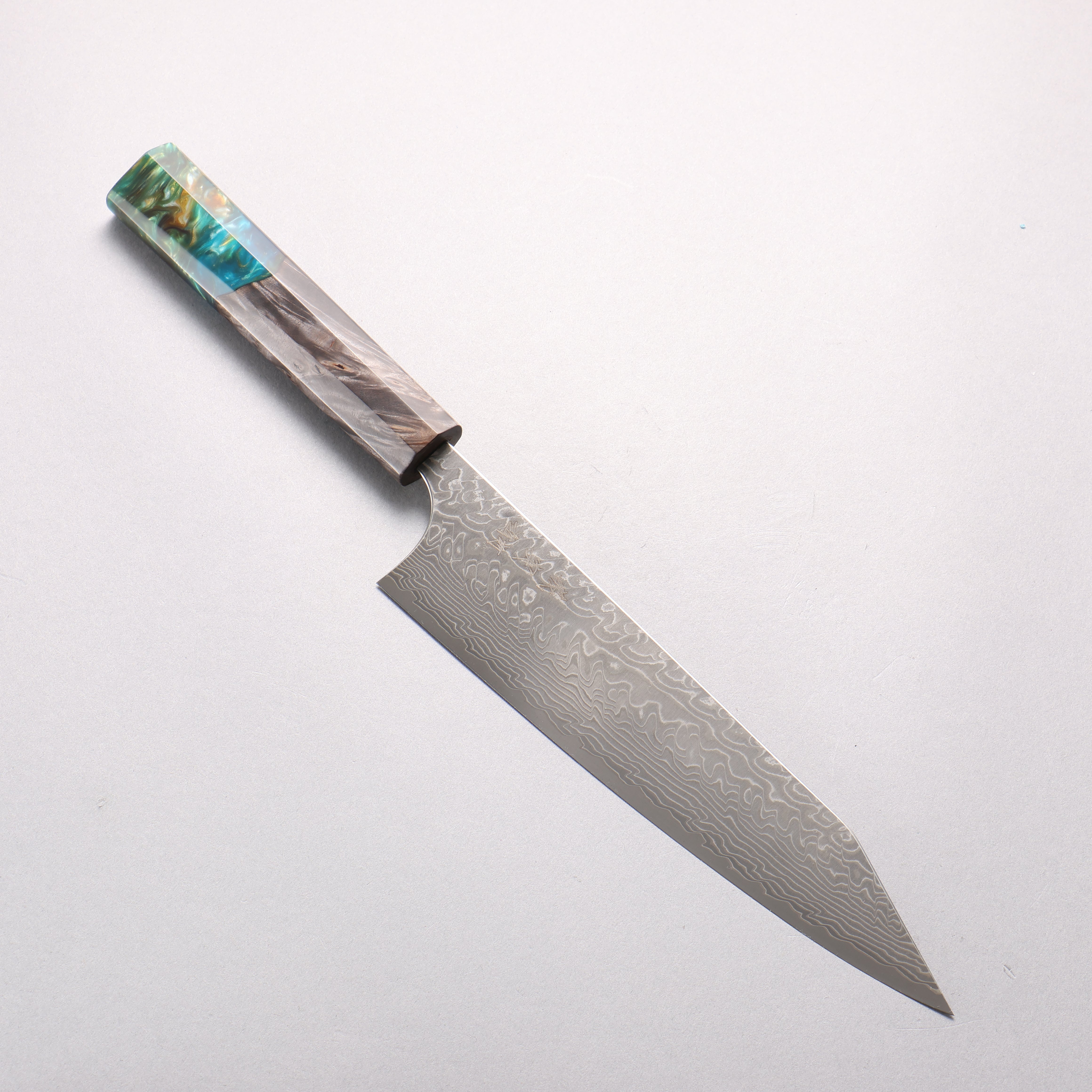 Yoshimi Kato SG2 Black Damascus Kiritsuke Gyuto 210mm Stabilized Birch with Emerald Green Resin Handle - Seisuke Knife