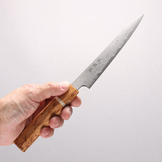 Ryusen Fukakuryu Kai ATS314 63 Layer Damascus Petty-Utility 135mm Stabilized White Birch with White Ring Handle