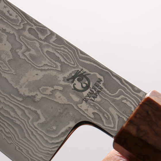 Ryusen Fukakuryu Kai ATS314 63 Layer Damascus Kiritsuke Santoku 175mm Stabilized White Birch with White Ring Handle