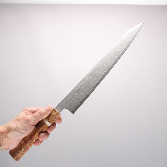 Ryusen Fukakuryu Kai ATS314 63 Layer Damascus Kiritsuke Sujihiki 270mm Stabilized White Birch with White Ring Handle