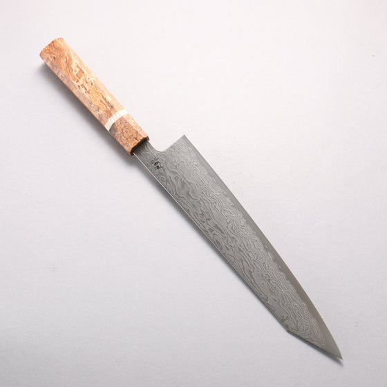 Ryusen Fukakuryu Kai ATS314 63 Layer Damascus Kiritsuke Gyuto 240mm Stabilized White Birch with White Ring Handle