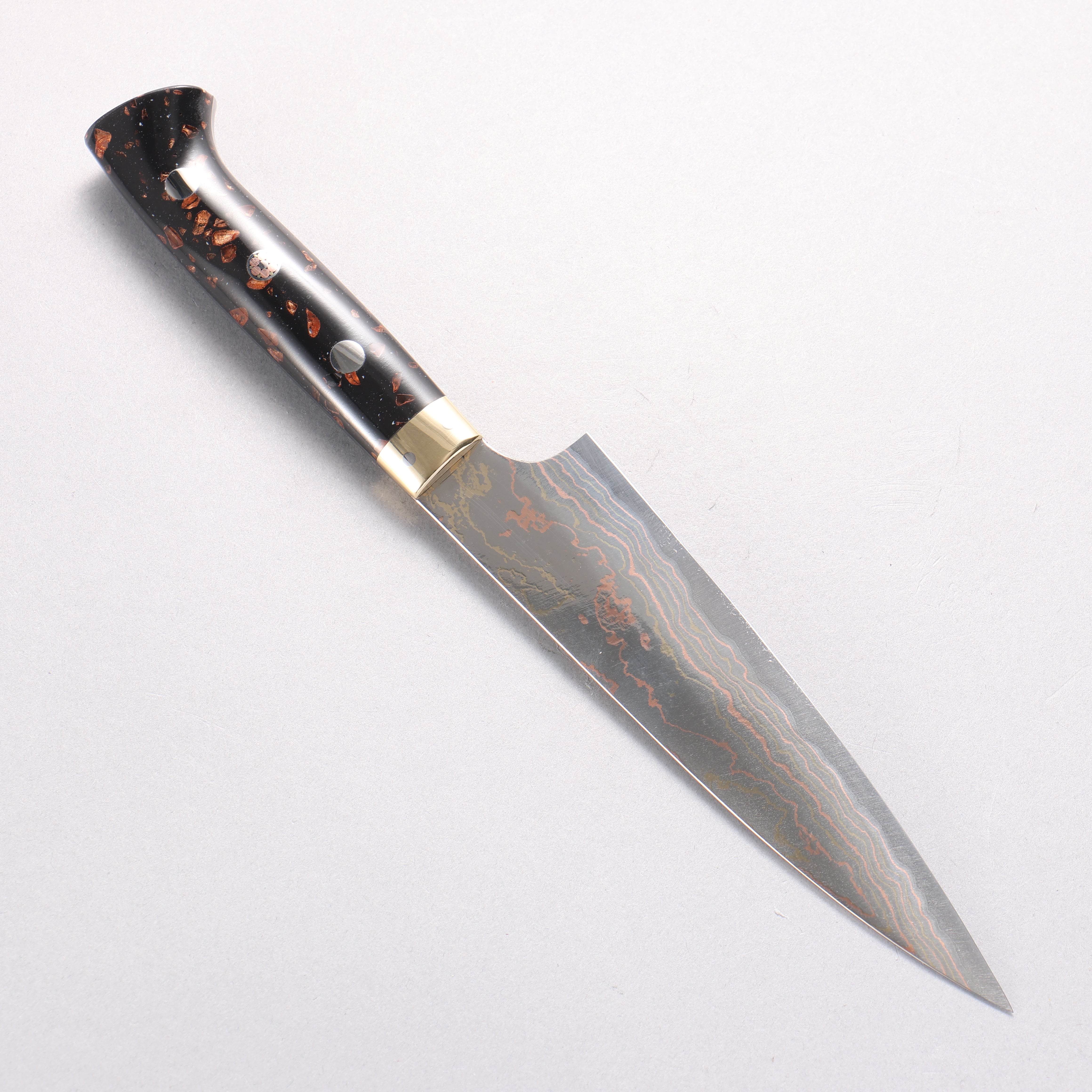 Takeshi Saji Blue Steel No.2 Colored Damascus Petty-Utility 150mm Black & Brown Corian Handle - Seisuke Knife