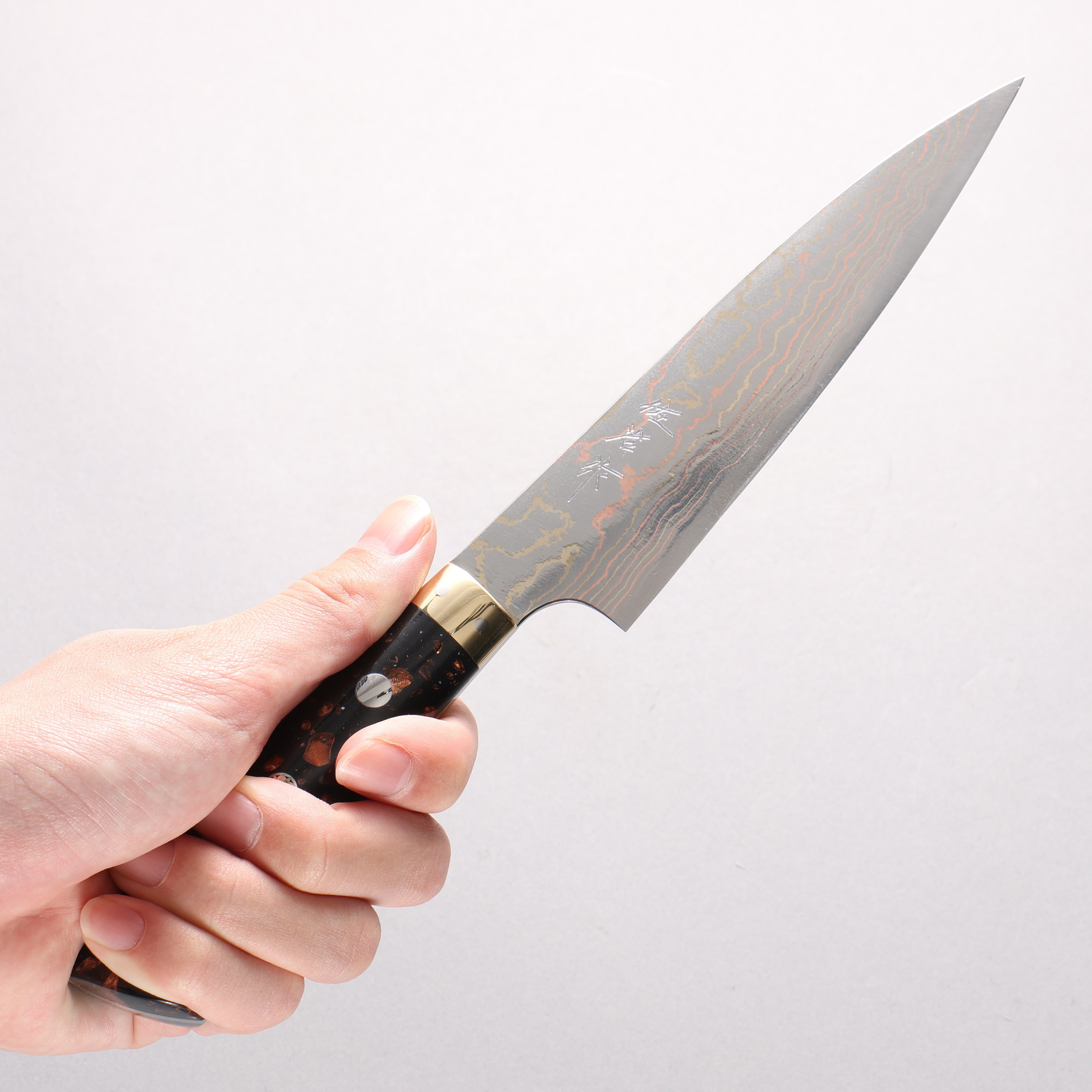 Takeshi Saji Blue Steel No.2 Colored Damascus Petty-Utility 150mm Black & Brown Corian Handle - Seisuke Knife