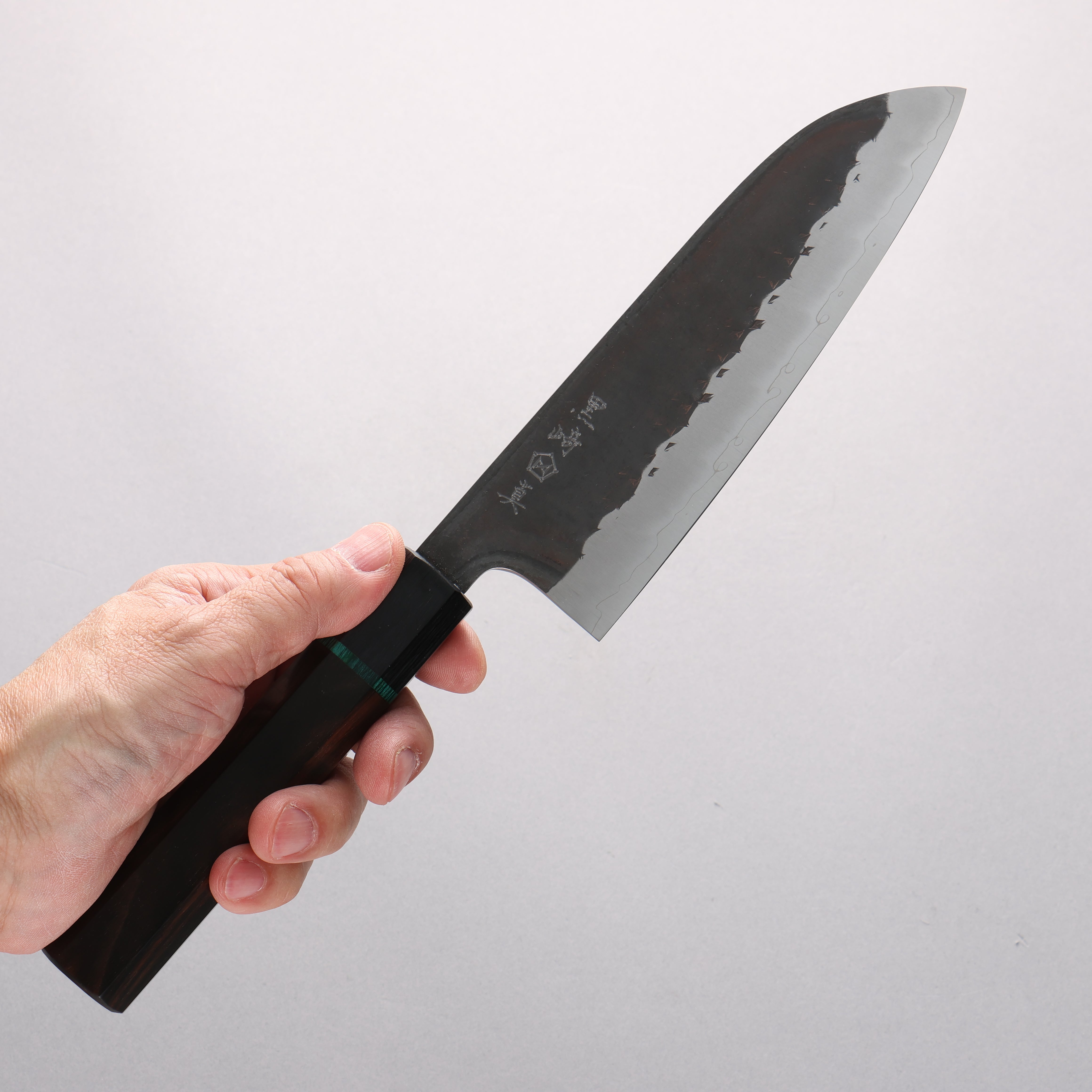 Makoto Kurosaki Forest Sage SPG STRIX Kurouchi Santoku 165mm Ebony Wood & Green Ring Handle - Seisuke Knife