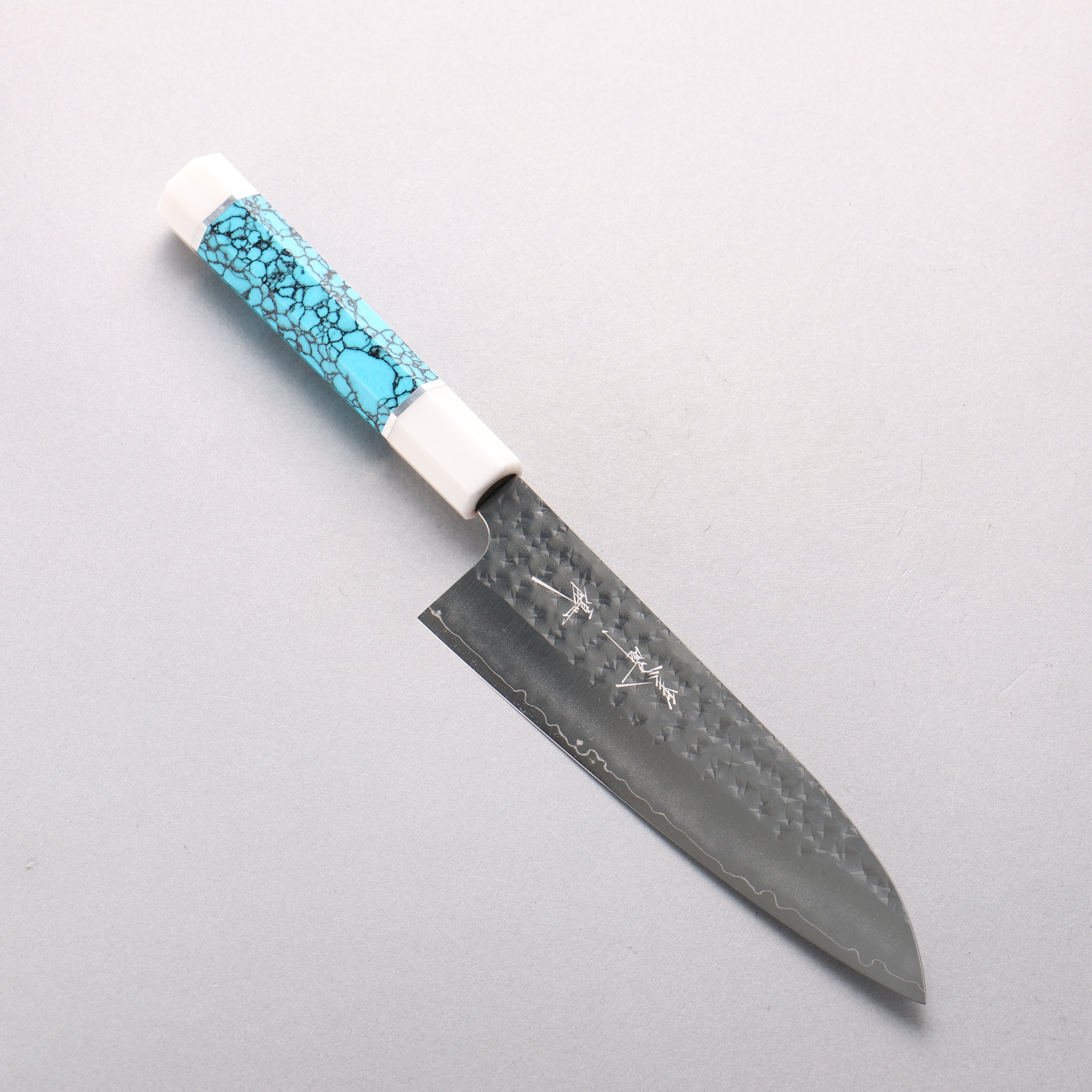 Yu Kurosaki Senko Ryu SG2 Hammered Small Santoku 150mm Turquoise & Double White Ring Handle - Seisuke Knife