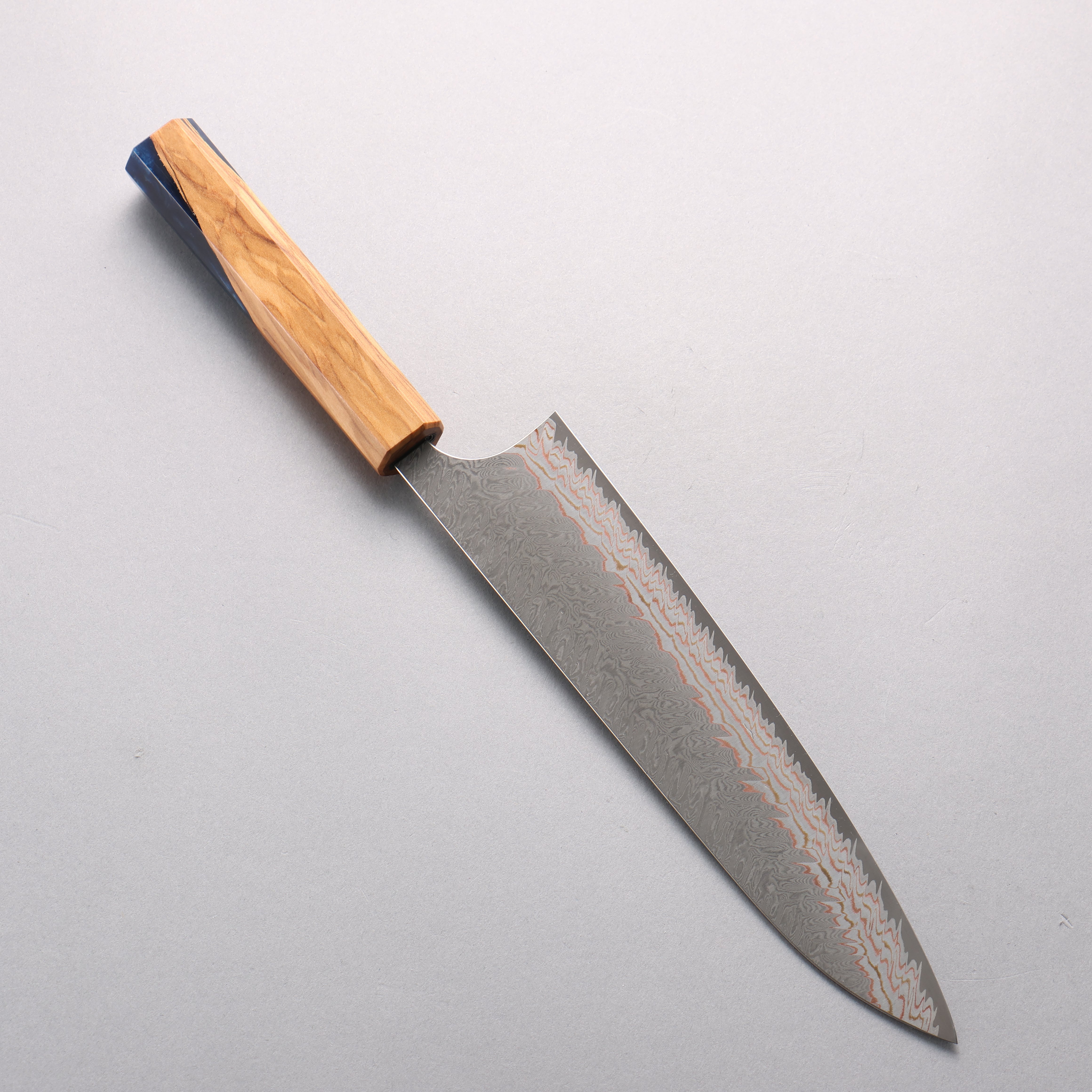 Yoshimi Kato VG10w Colored Damascus Gyuto 210mm Olive Wood & Blue Resin Handle - Seisuke Knife