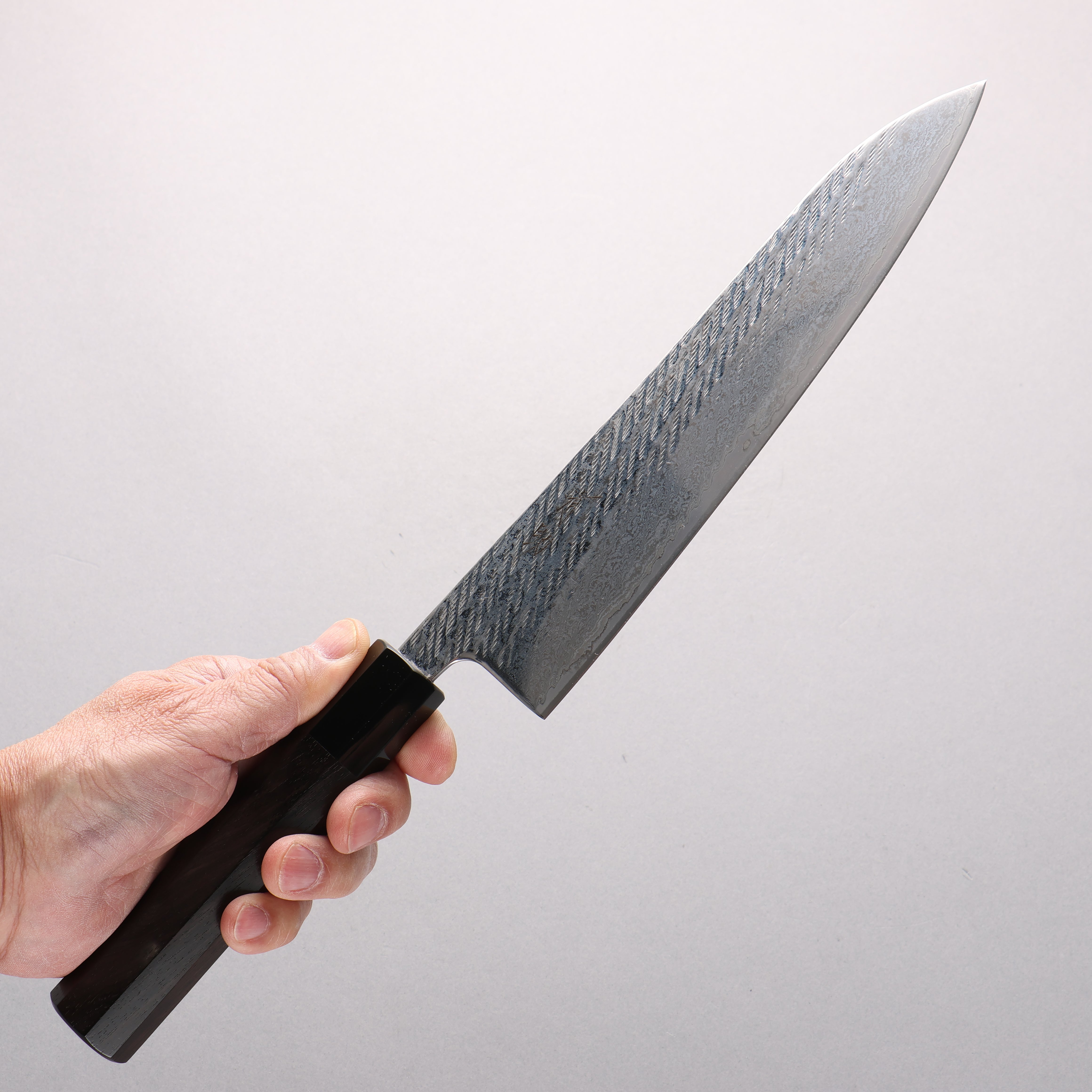 Seisuke Silver Steel No.3 Damascus Rope Pattern Gyuto 210mm Ebony Wood & Black Water Buffalo Horn Handle - Seisuke Knife