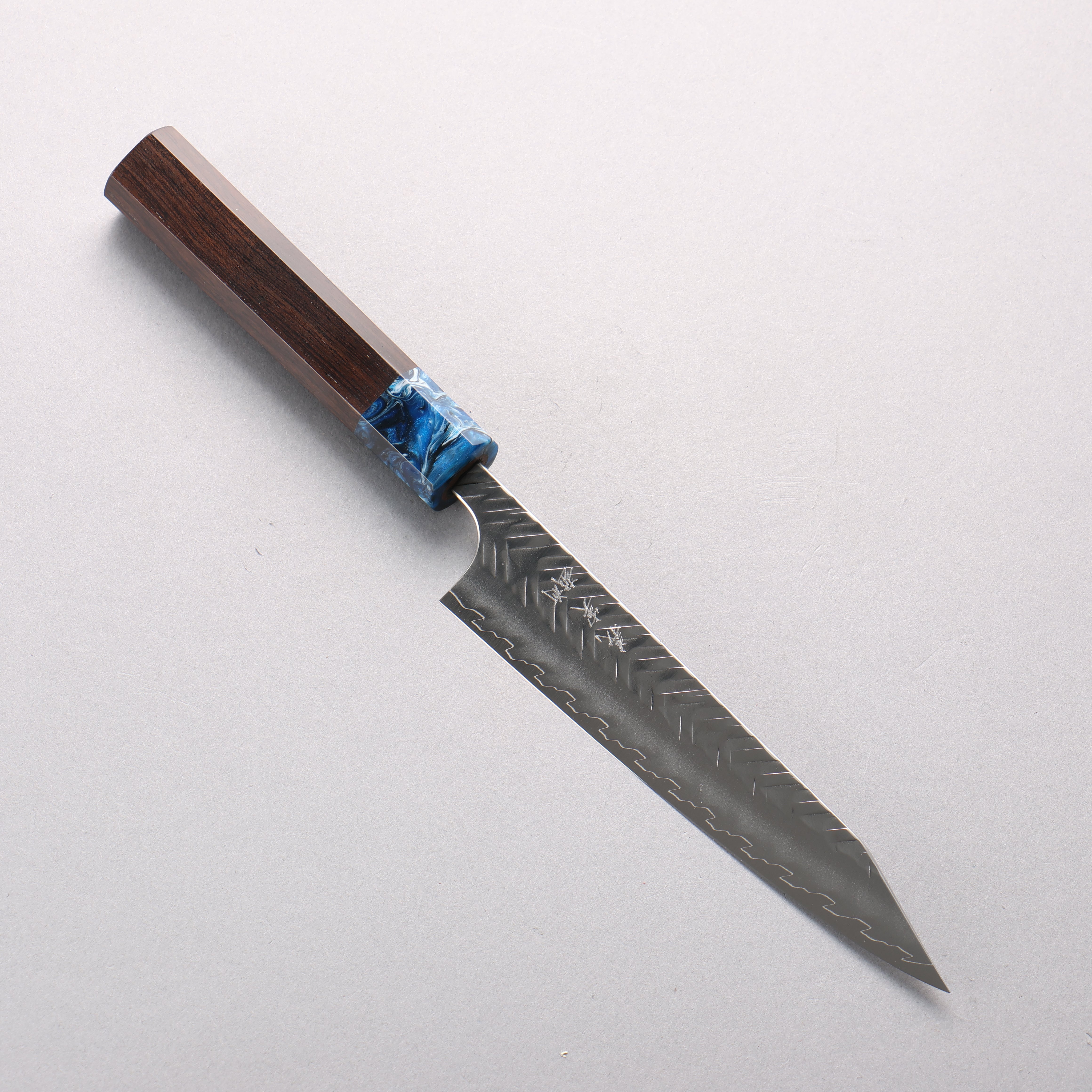 Yoshimi Kato SPG STRIX V-Hammered Kiritsuke Petty-Utility 150mm Ebony Wood & Blue Marble Resin Handle - Seisuke Knife