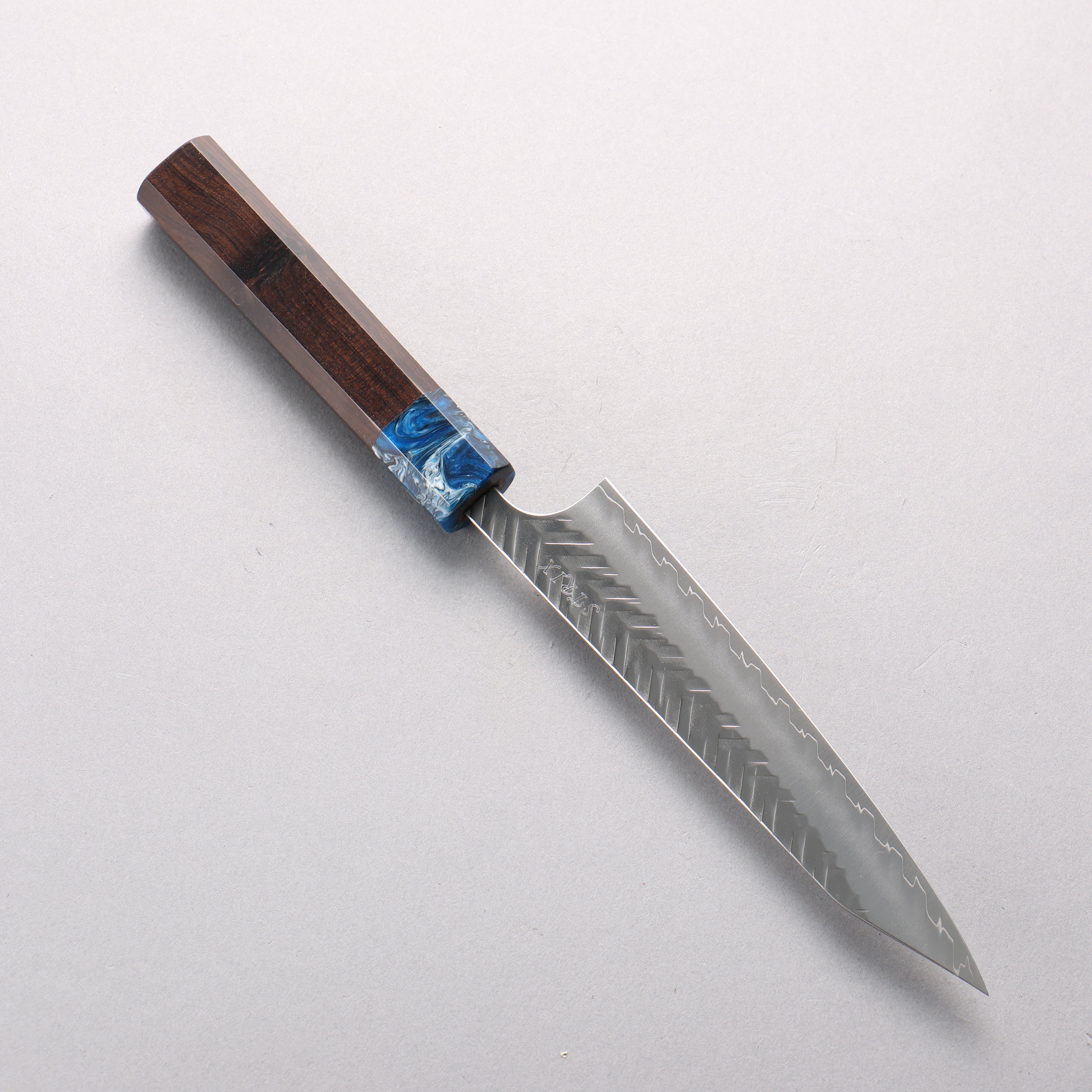 Yoshimi Kato SPG STRIX V-Hammered Kiritsuke Petty-Utility 150mm Ebony Wood & Blue Marble Resin Handle - Seisuke Knife