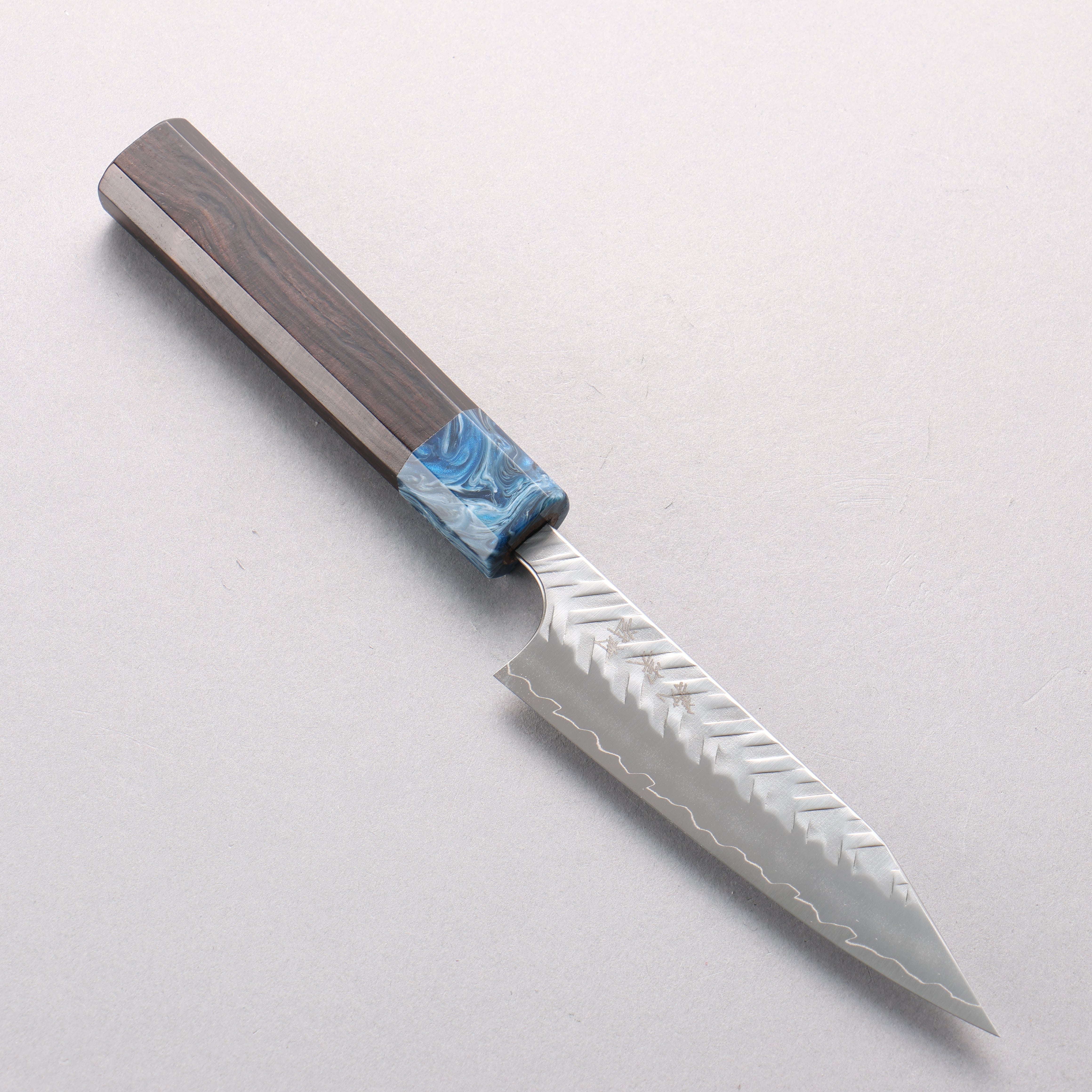 Yoshimi Kato SPG STRIX V-Hammered Kiritsuke Petty-Utility 120mm Ebony Wood & Blue Marble Resin Handle - Seisuke Knife