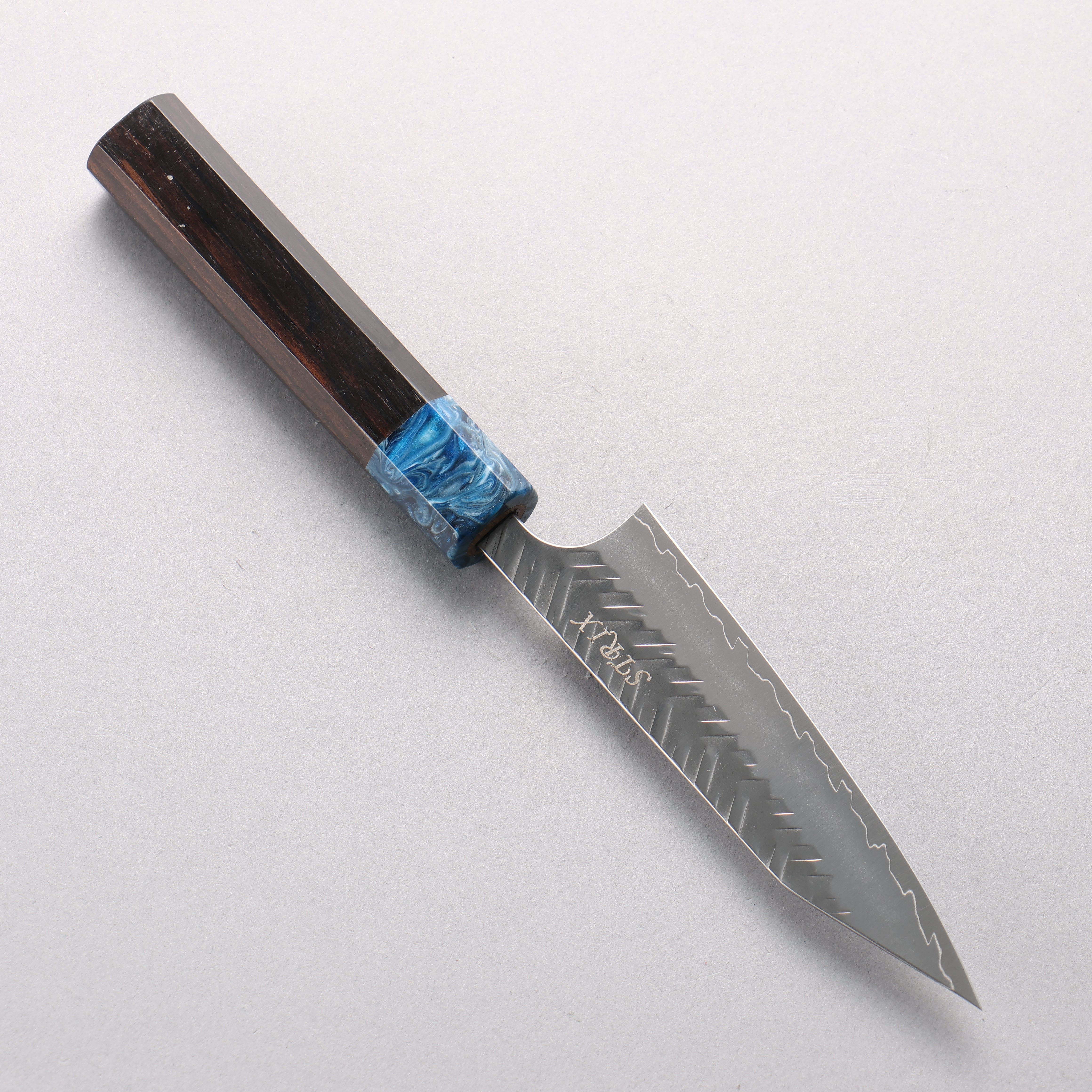 Yoshimi Kato SPG STRIX V-Hammered Kiritsuke Petty-Utility 120mm Ebony Wood & Blue Marble Resin Handle - Seisuke Knife