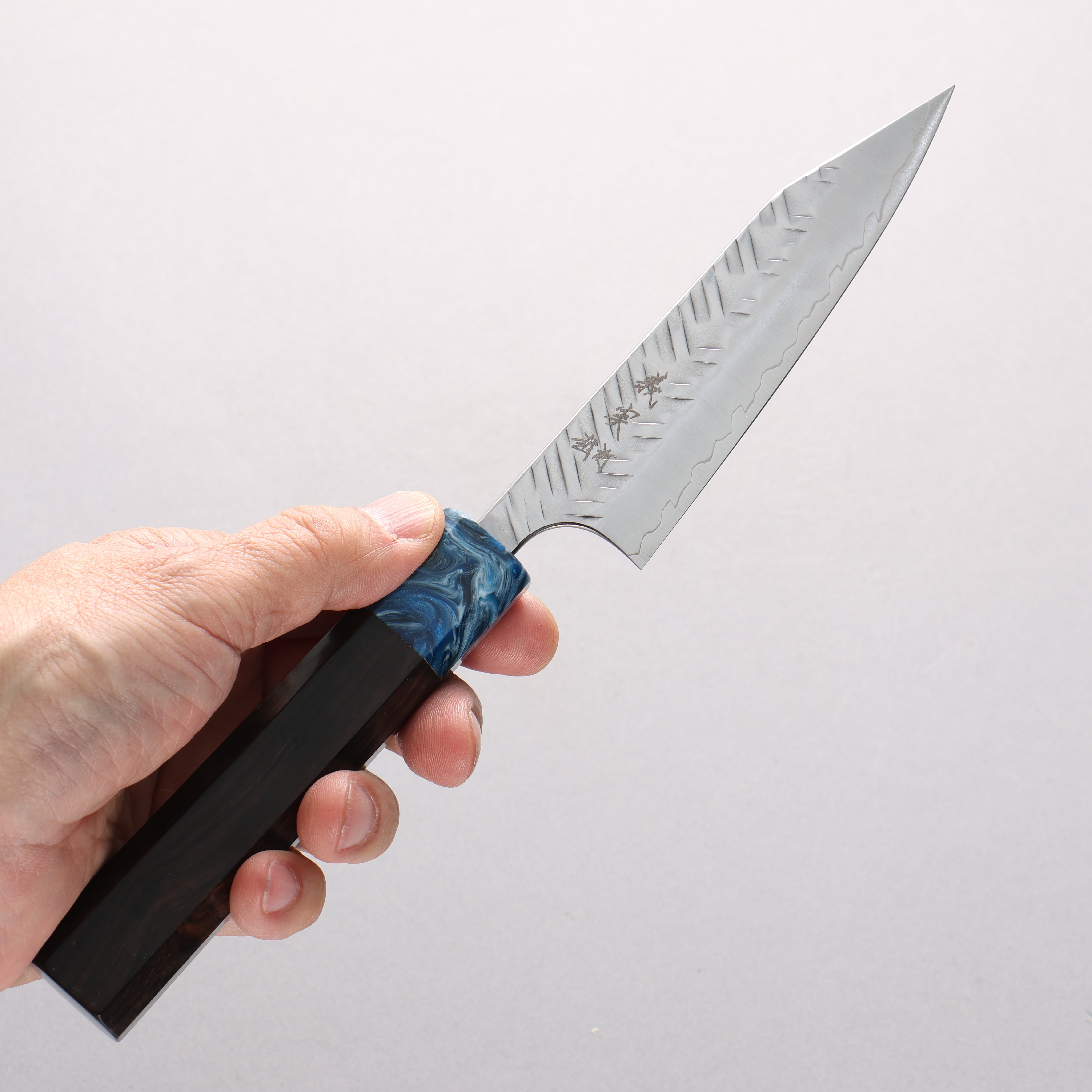 Yoshimi Kato SPG STRIX V-Hammered Kiritsuke Petty-Utility 120mm Ebony Wood & Blue Marble Resin Handle - Seisuke Knife