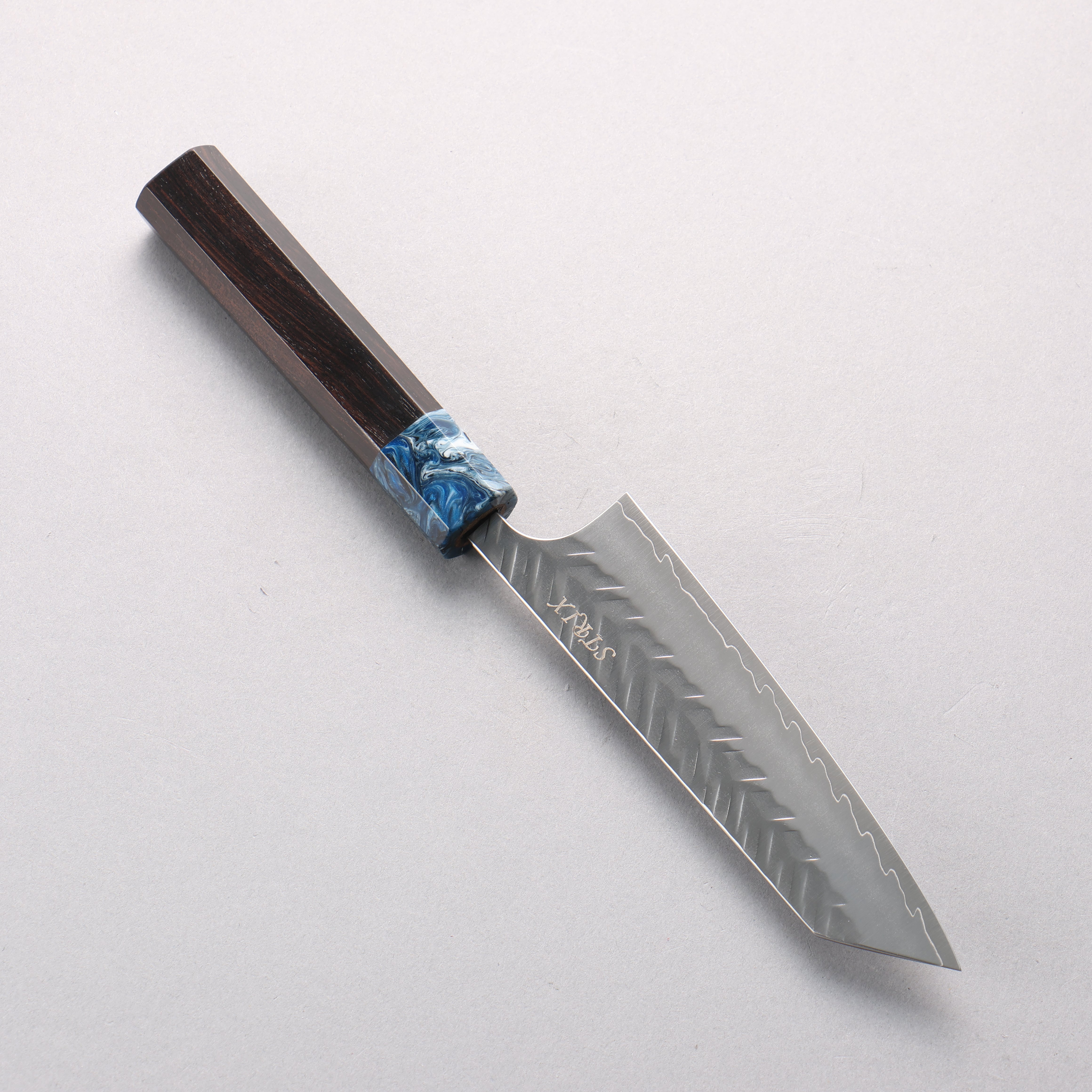 Yoshimi Kato SPG STRIX V-Hammered Small Bunka 130mm Ebony Wood & Blue Marble Resin Handle - Seisuke Knife