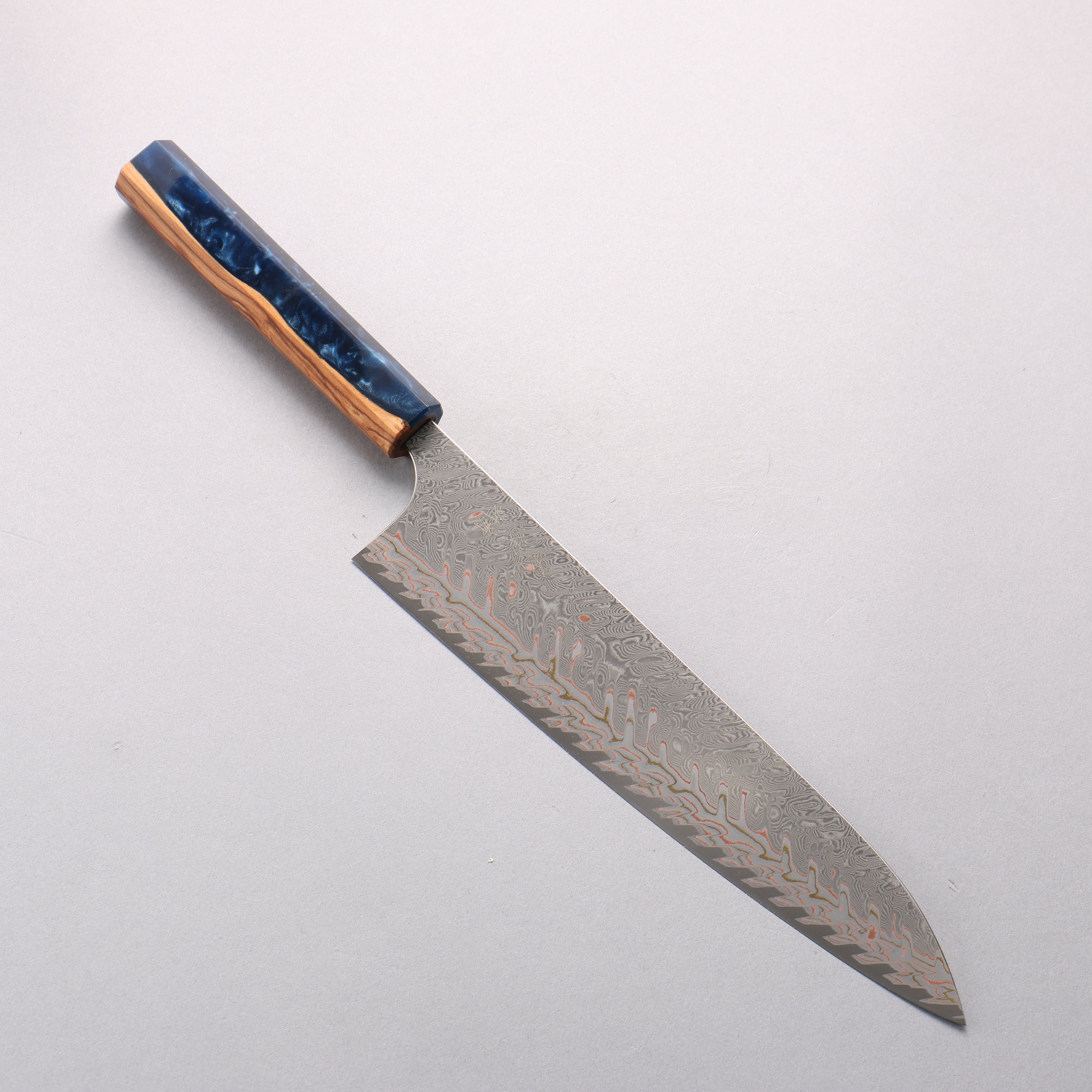 Yoshimi Kato VG10w Colored Damascus Gyuto 240mm Olive Wood & Blue Resin Handle - Seisuke Knife