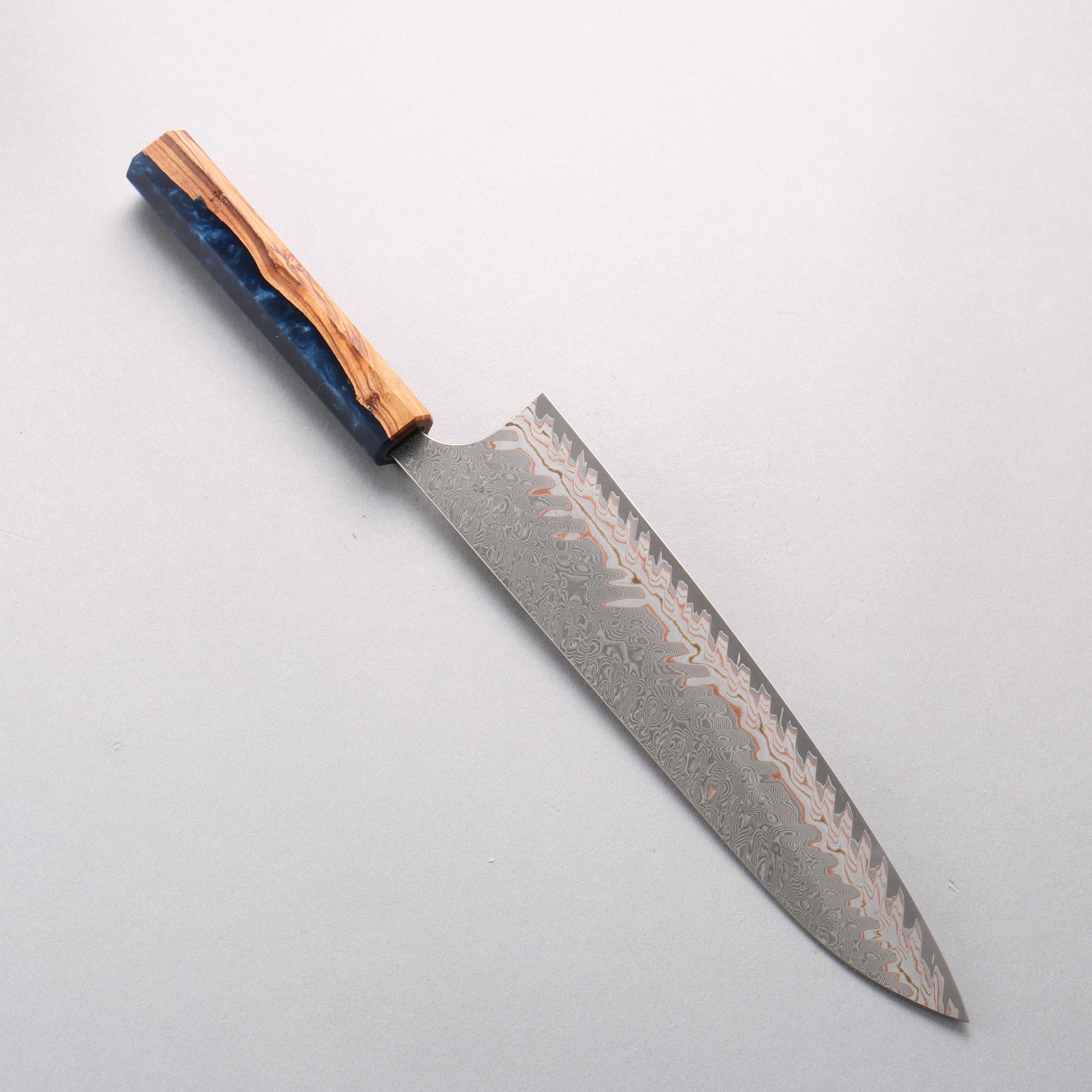 Yoshimi Kato VG10w Colored Damascus Gyuto 240mm Olive Wood & Blue Resin Handle - Seisuke Knife