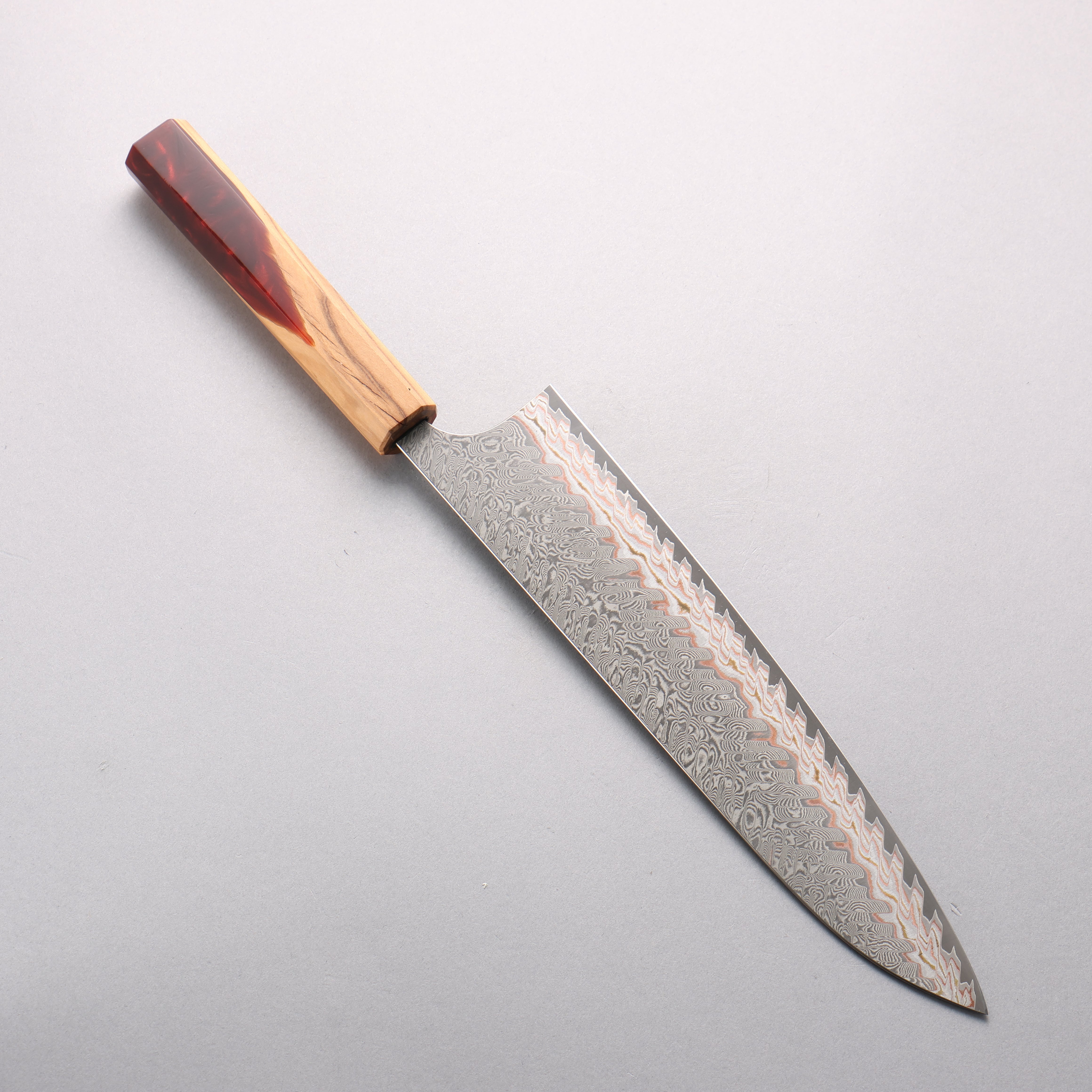 Yoshimi Kato VG10w Colored Damascus Gyuto 240mm Olive Wood & Red Resin Handle - Seisuke Knife