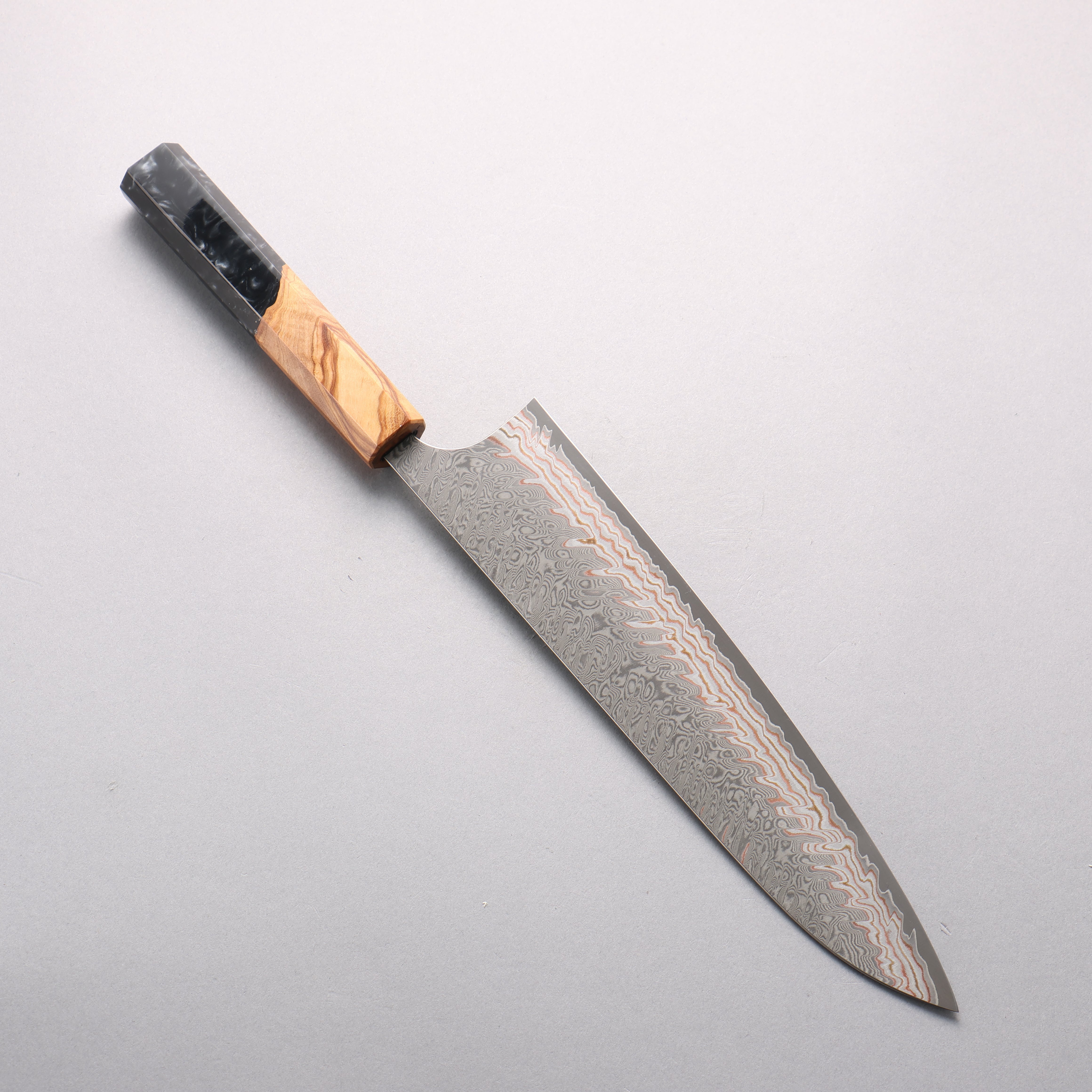 Yoshimi Kato VG10w Colored Damascus Gyuto 240mm Olive Wood & Black Marble Resin Handle - Seisuke Knife