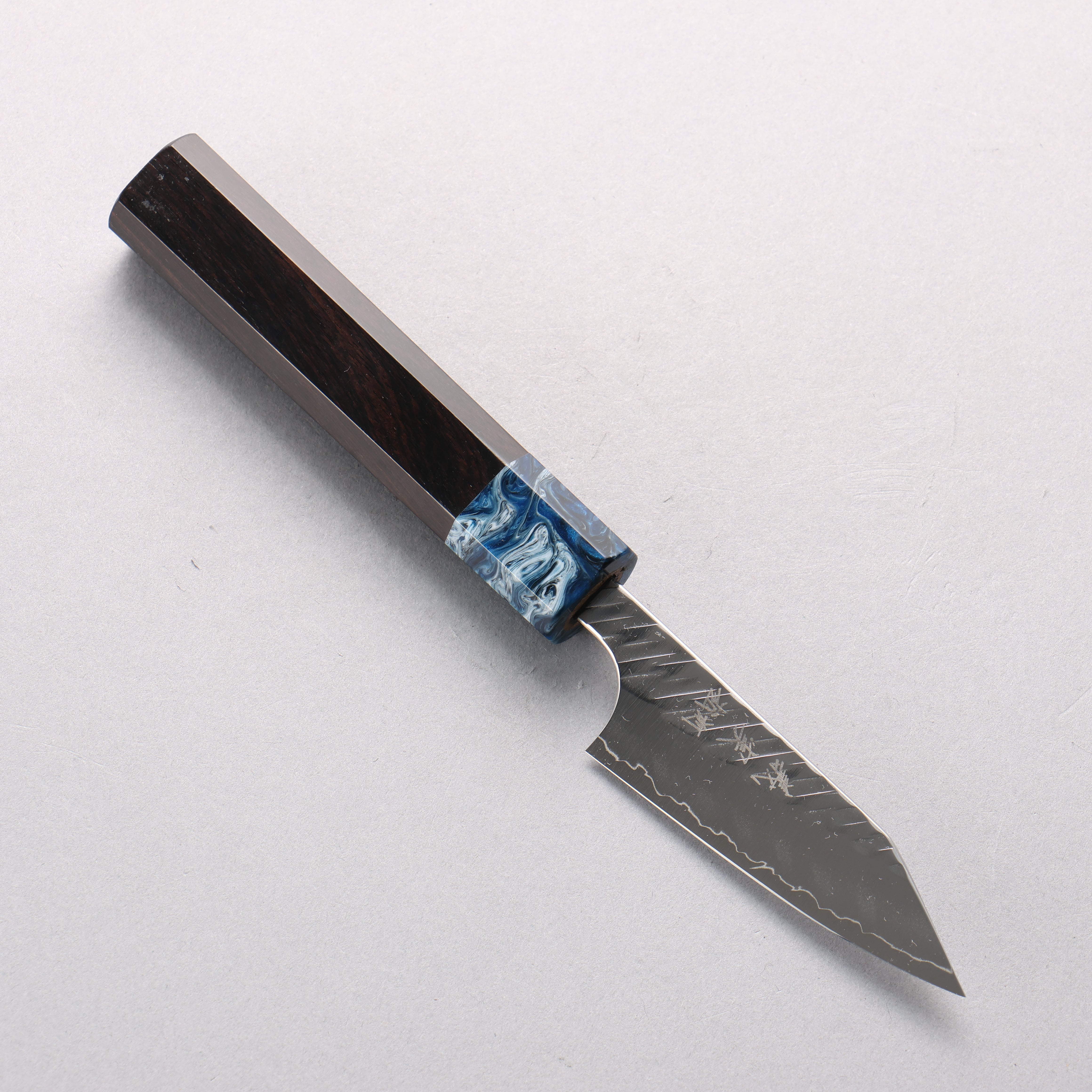 Yoshimi Kato SPG STRIX V-Hammered Kiritsuke Paring 80mm Ebony Wood & Blue Resin Handle - Seisuke Knife