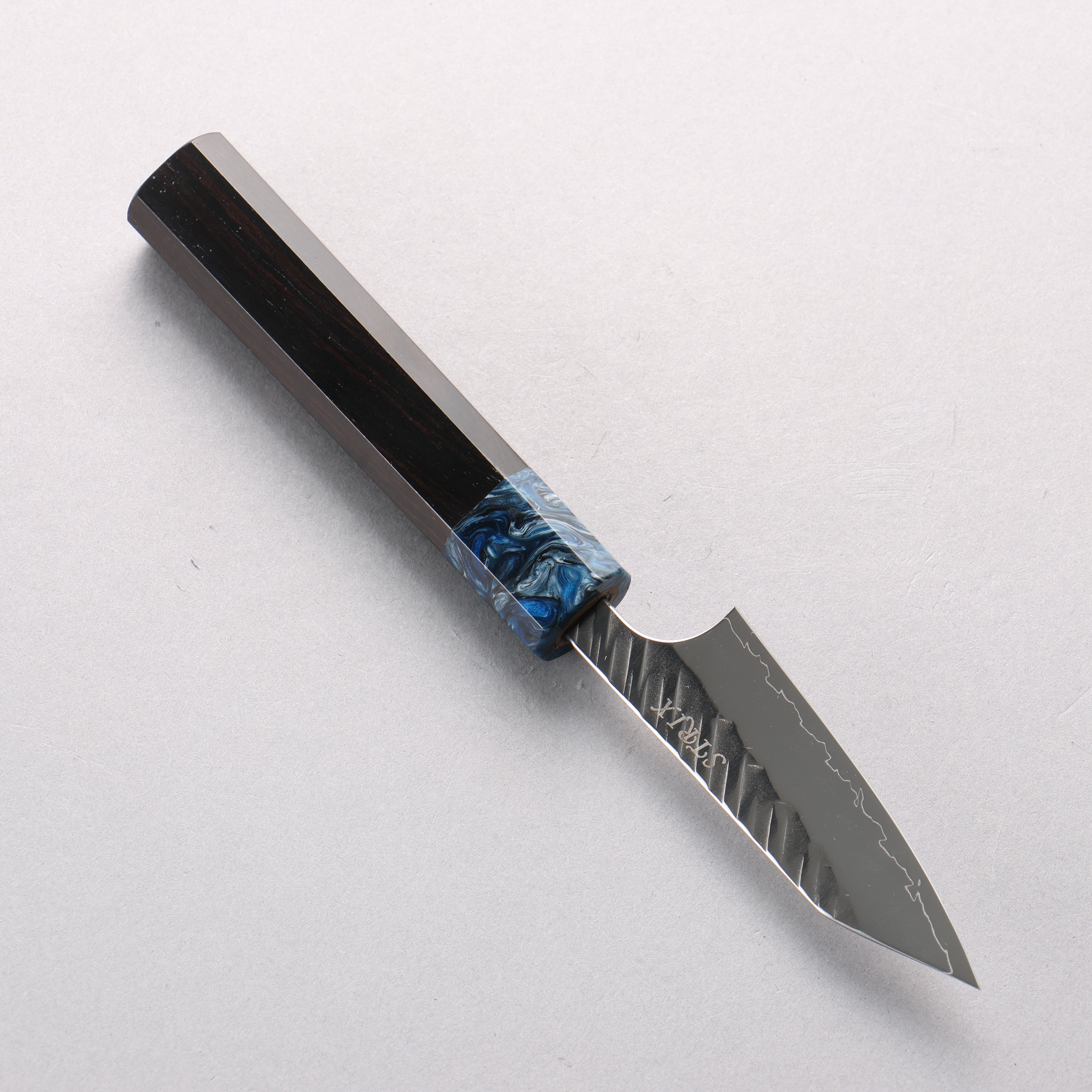 Yoshimi Kato SPG STRIX V-Hammered Kiritsuke Paring 80mm Ebony Wood & Blue Resin Handle - Seisuke Knife