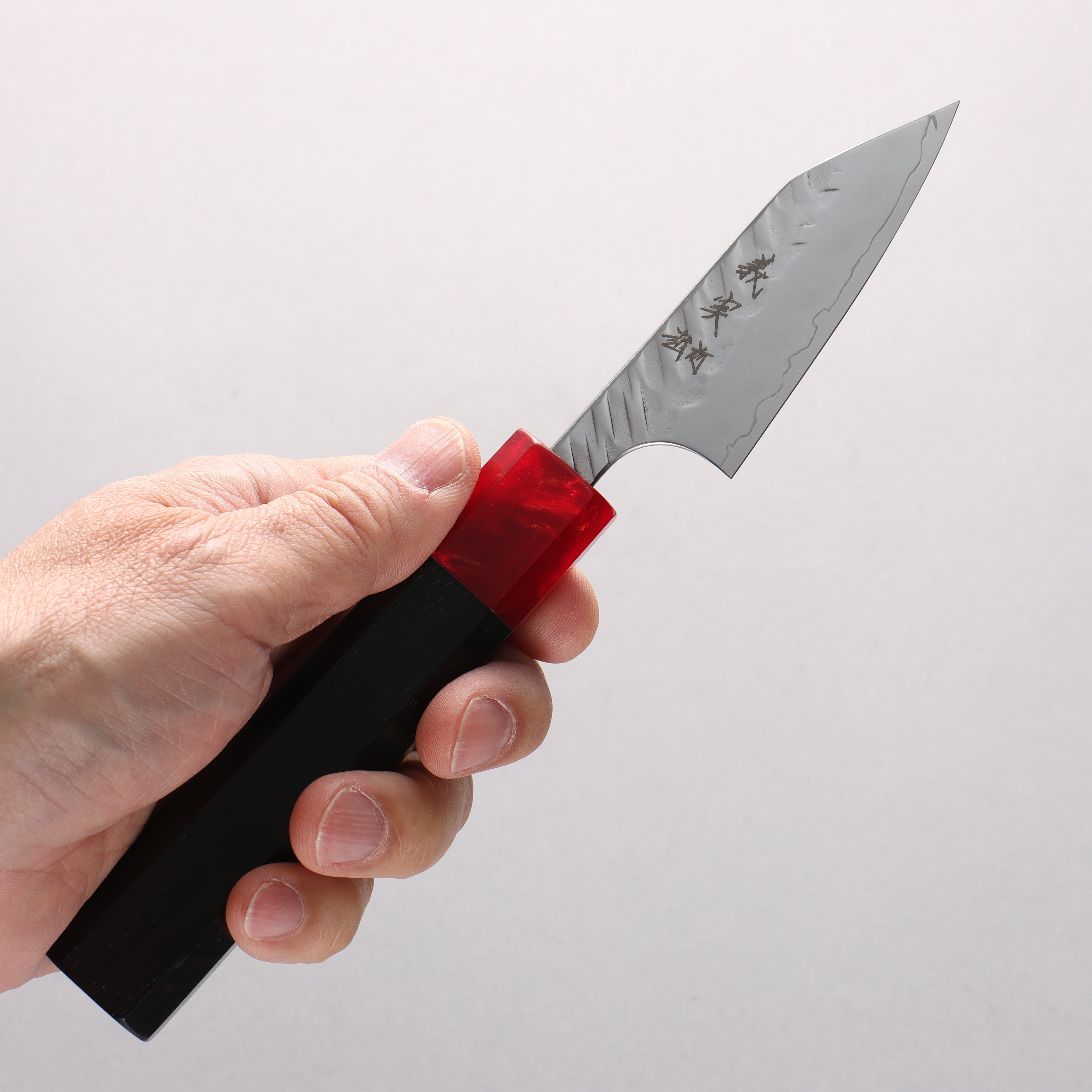 Yoshimi Kato SPG STRIX V-Hammered Kiritsuke Paring 80mm Ebony Wood & Red Resin Handle - Seisuke Knife