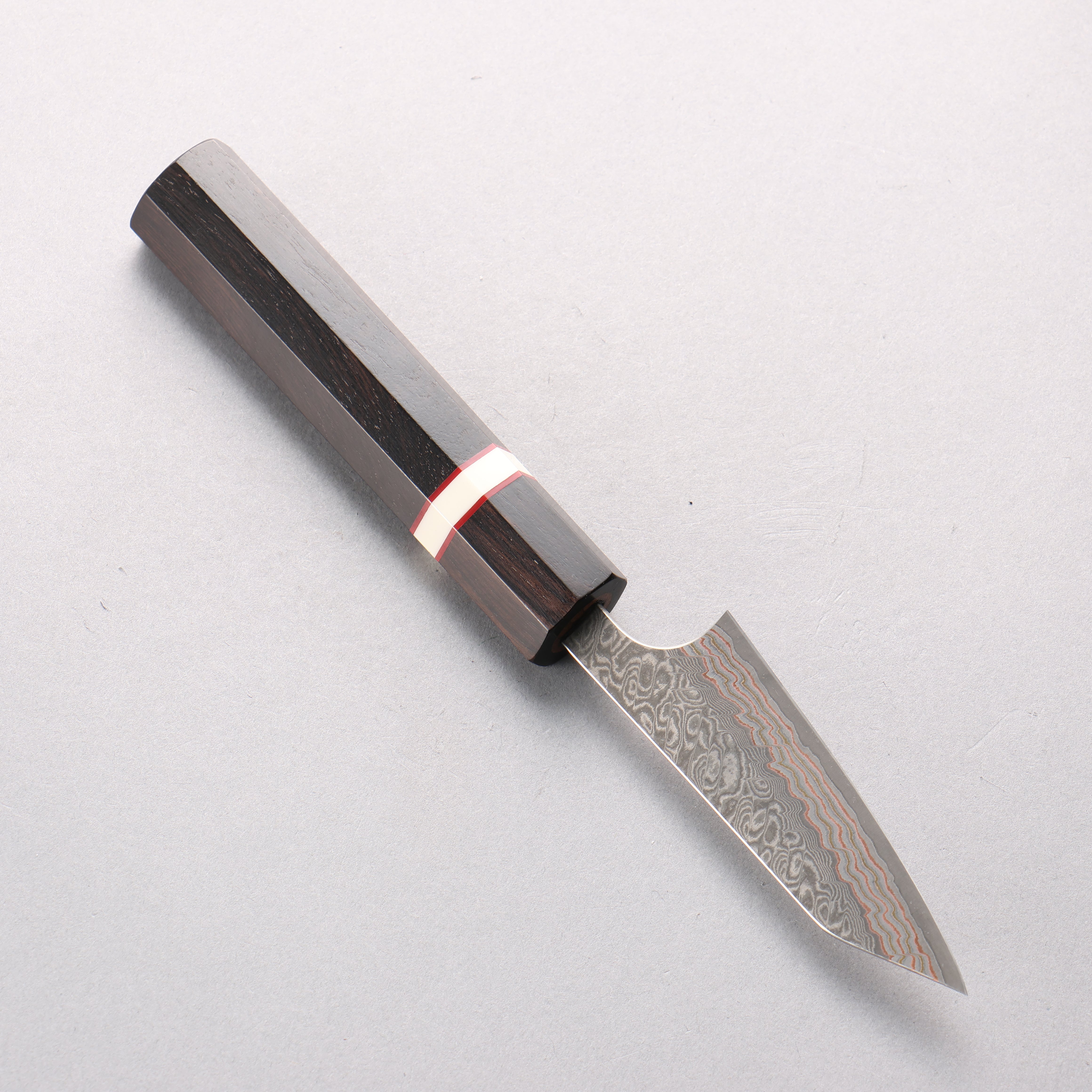 Yoshimi Kato VG10w Colored Damascus Kiritsuke Paring 80mm Ebony Wood & White Ring Handle - Seisuke Knife