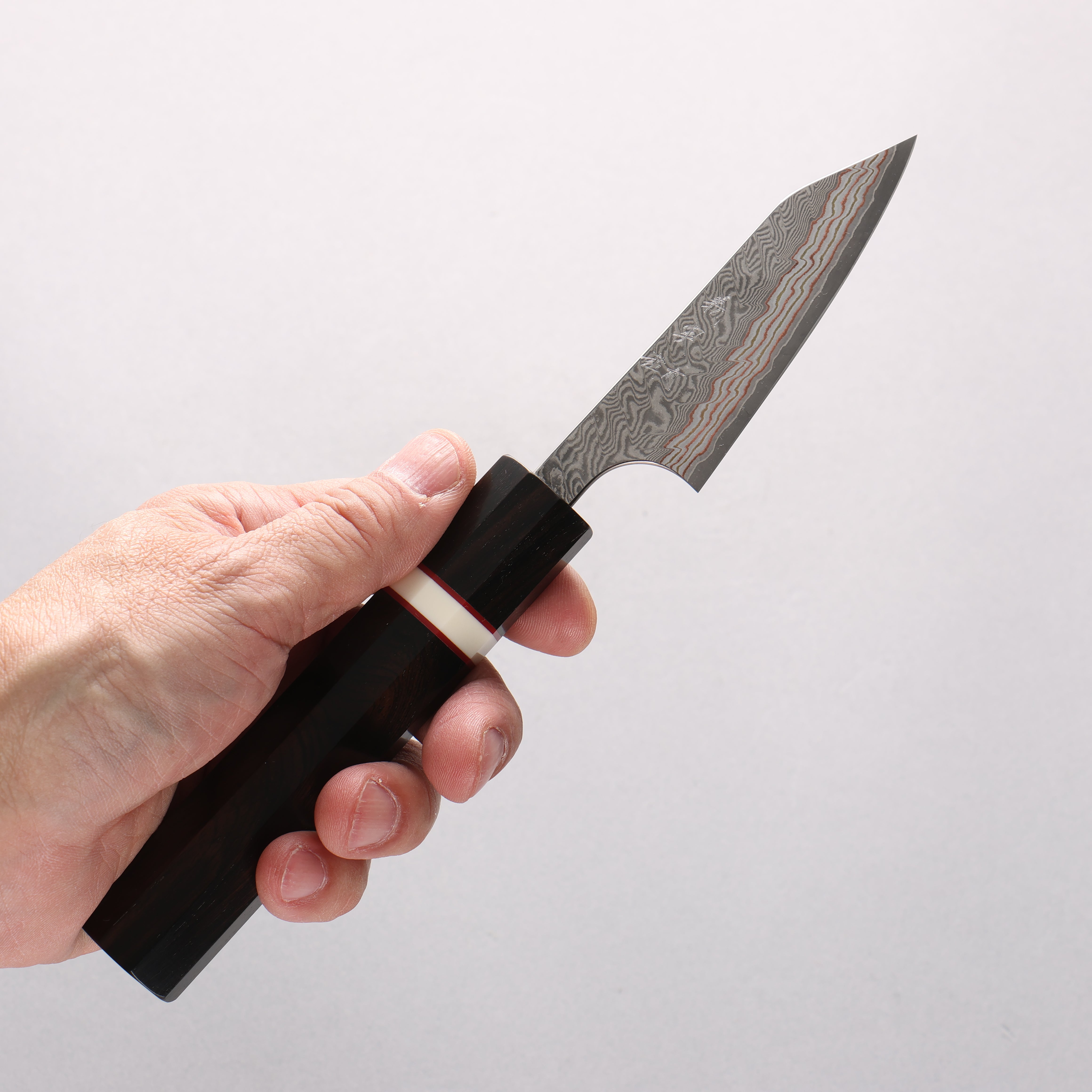 Yoshimi Kato VG10w Colored Damascus Kiritsuke Paring 80mm Ebony Wood & White Ring Handle - Seisuke Knife