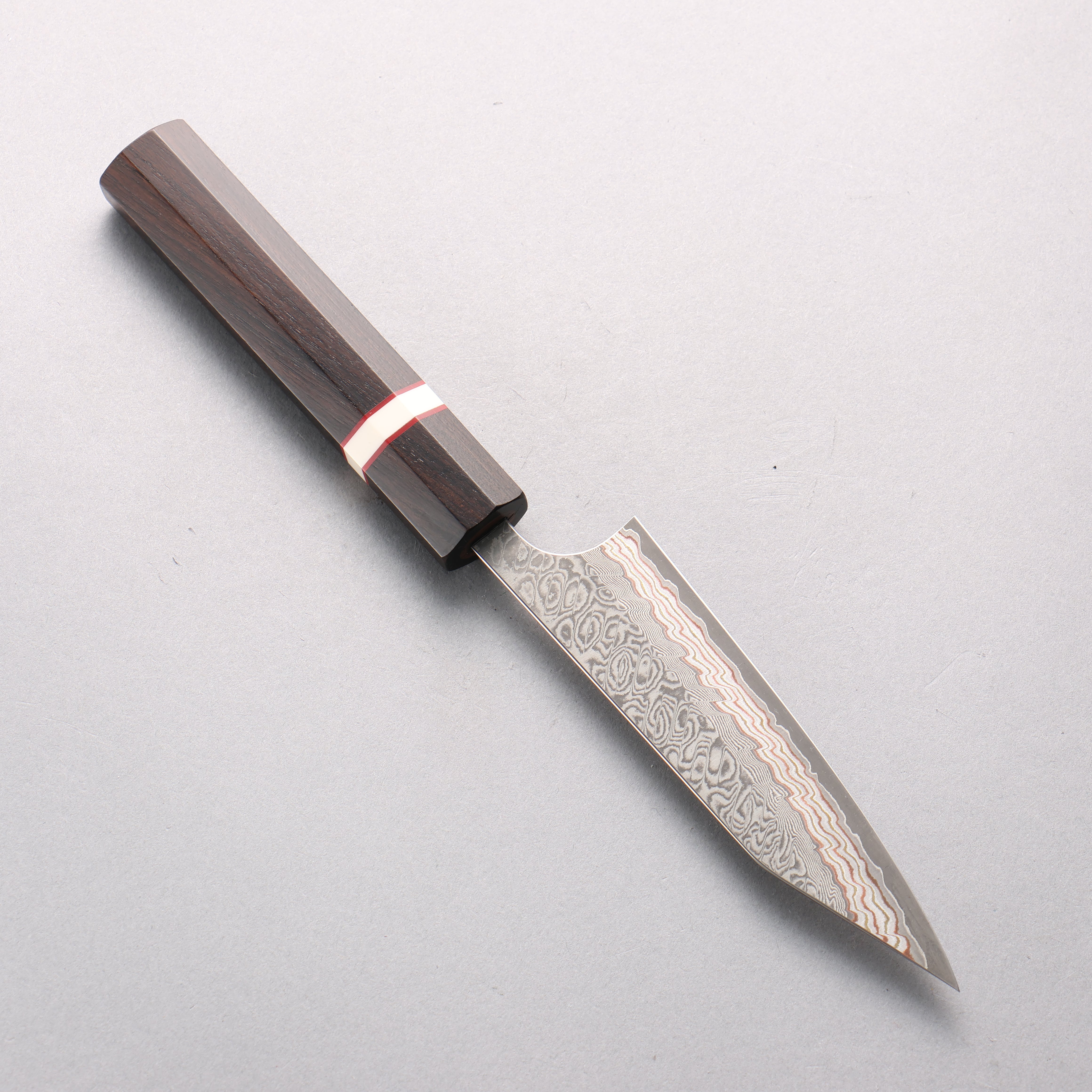 Yoshimi Kato VG10w Colored Damascus Kiritsuke Petty-Utility 120mm Ebony & White Ring Handle - Seisuke Knife