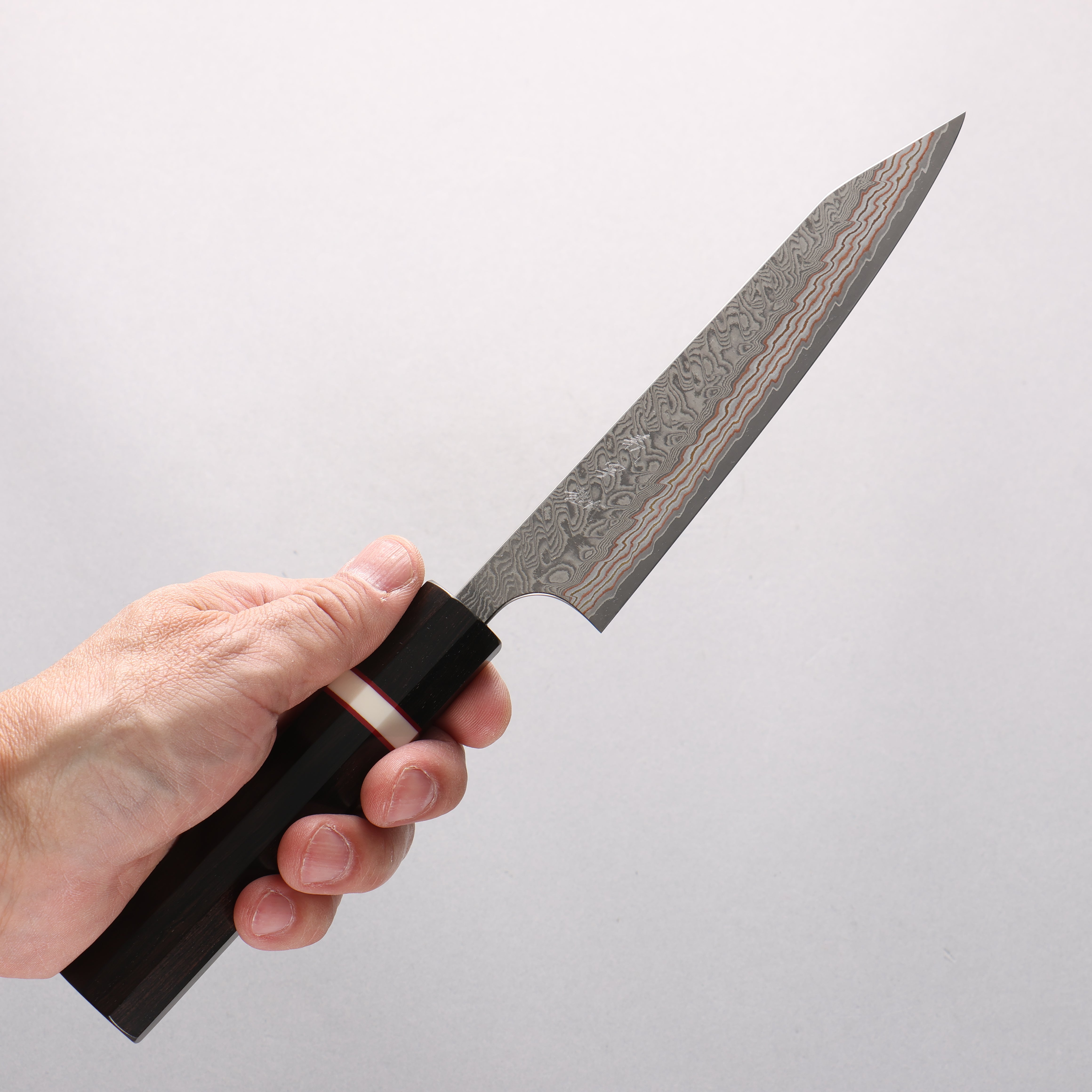 Yoshimi Kato VG10w Colored Damascus Kiritsuke Petty-Utility 150mm Ebony & White Ring Handle - Seisuke Knife