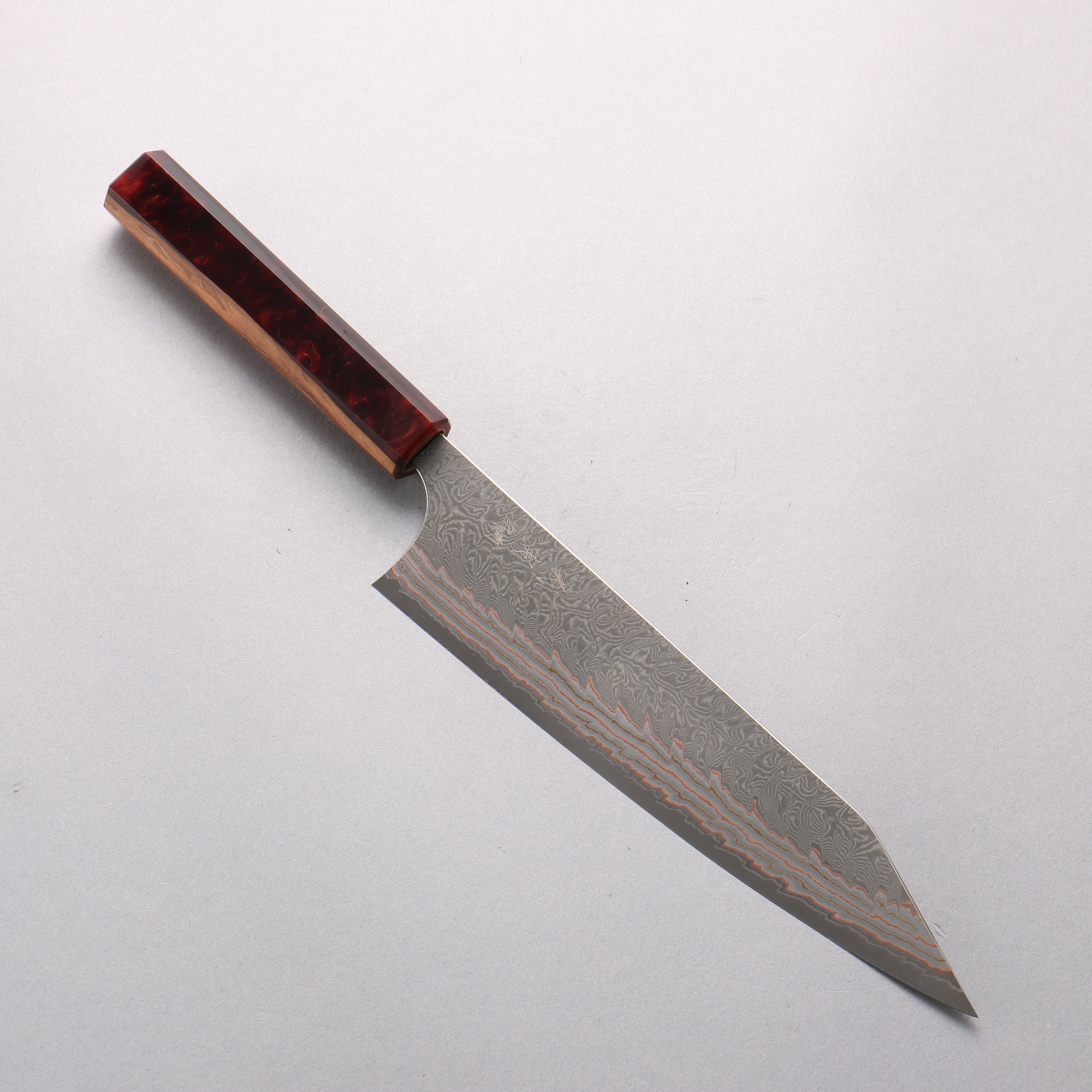 Yoshimi Kato VG10w Colored Damascus Kiritsuke Gyuto 210mm Olive Tree and Red Resin Handle - Seisuke Knife
