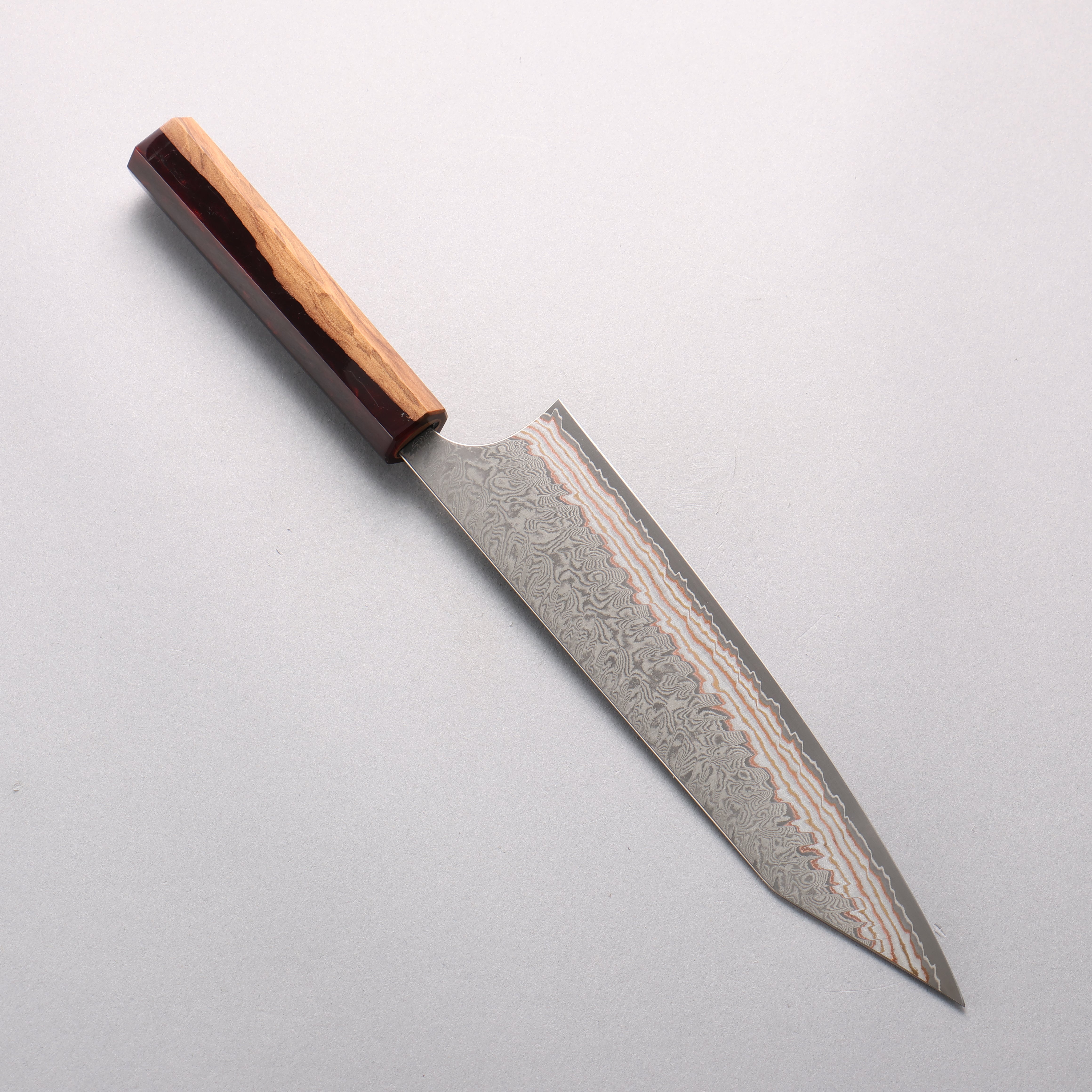 Yoshimi Kato VG10w Colored Damascus Kiritsuke Gyuto 210mm Olive Tree and Red Resin Handle - Seisuke Knife