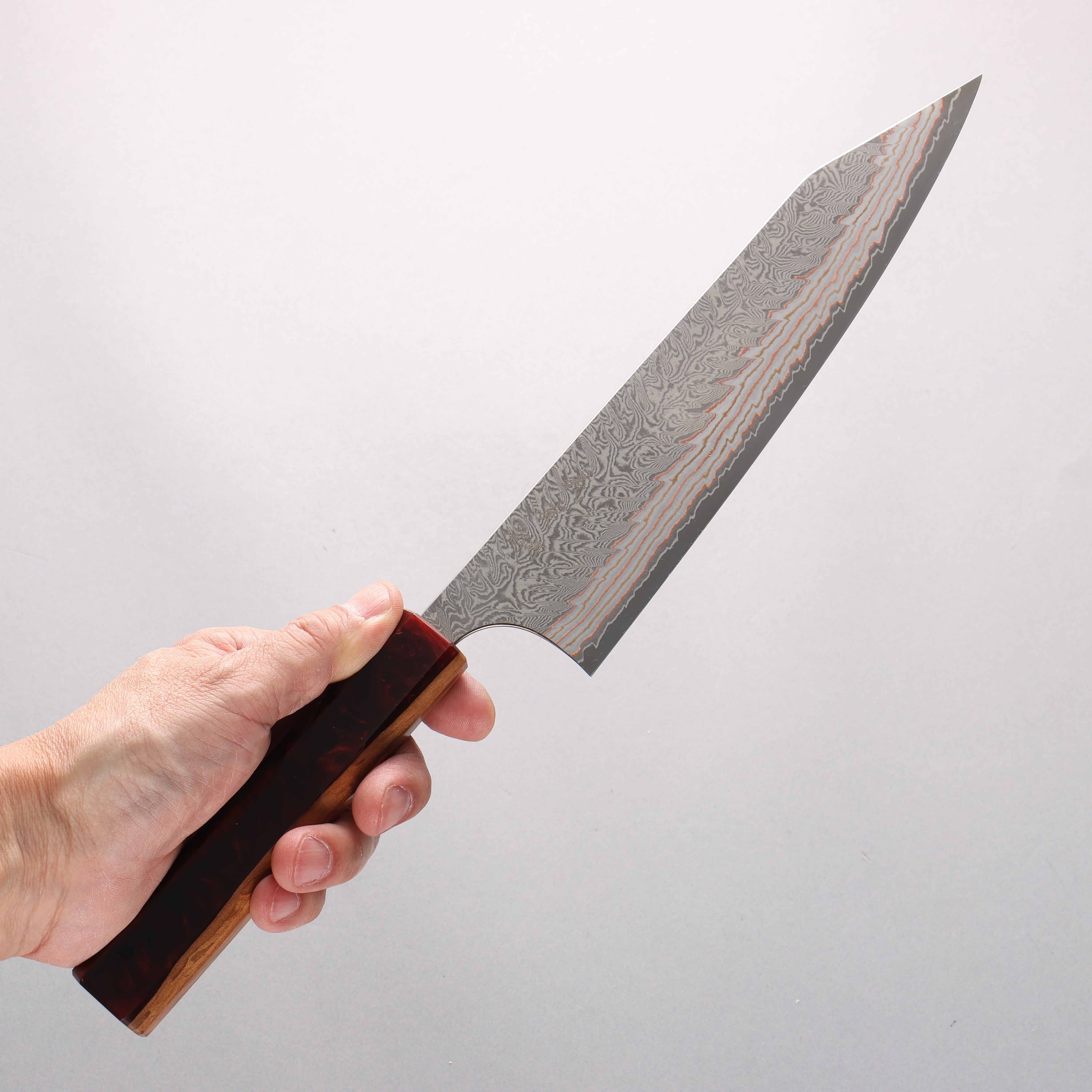 Yoshimi Kato VG10w Colored Damascus Kiritsuke Gyuto 210mm Olive Tree and Red Resin Handle - Seisuke Knife
