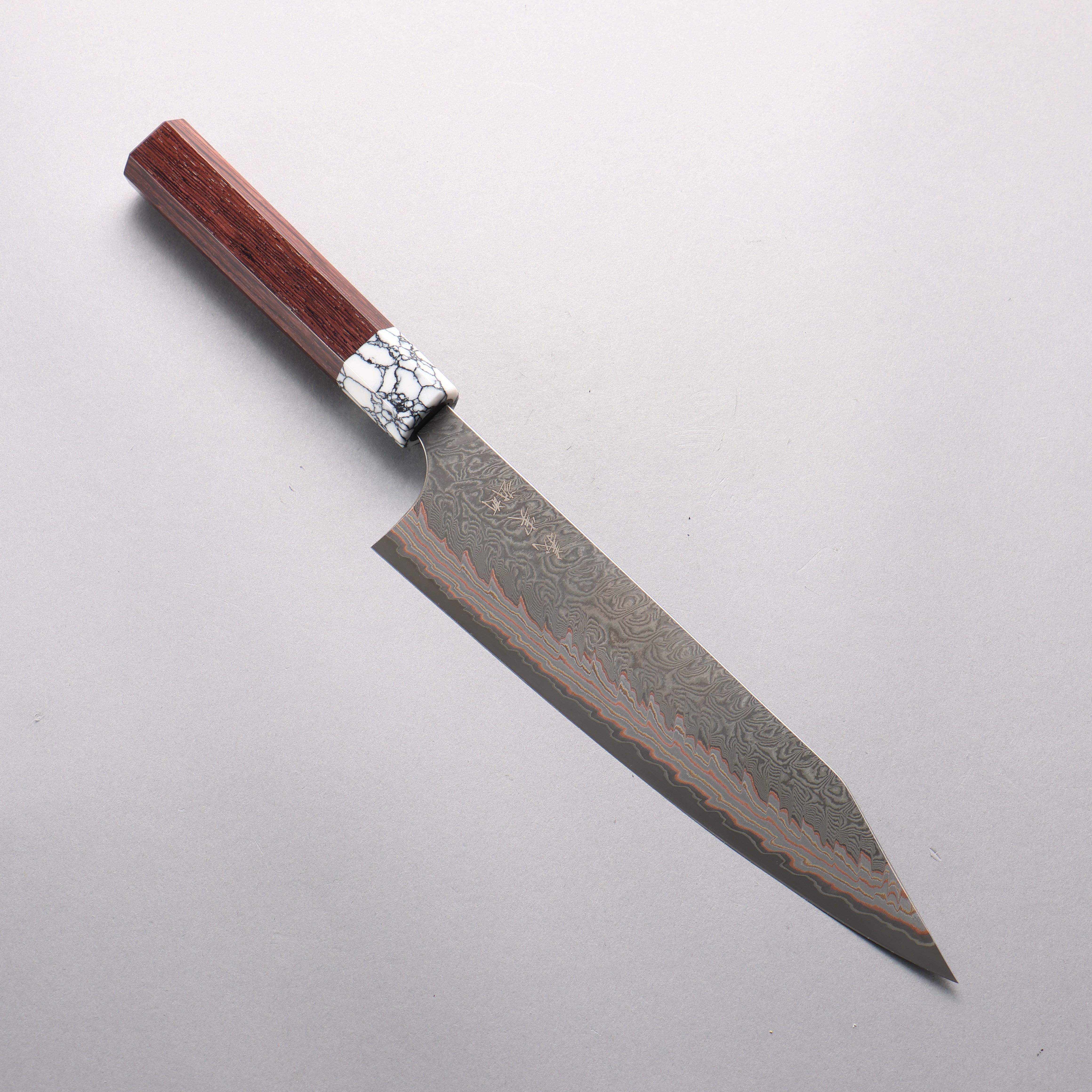 Yoshimi Kato VG10w Colored Damascus Kiritsuke Gyuto 210mm Rosewood & White Turquoise Handle - Seisuke Knife