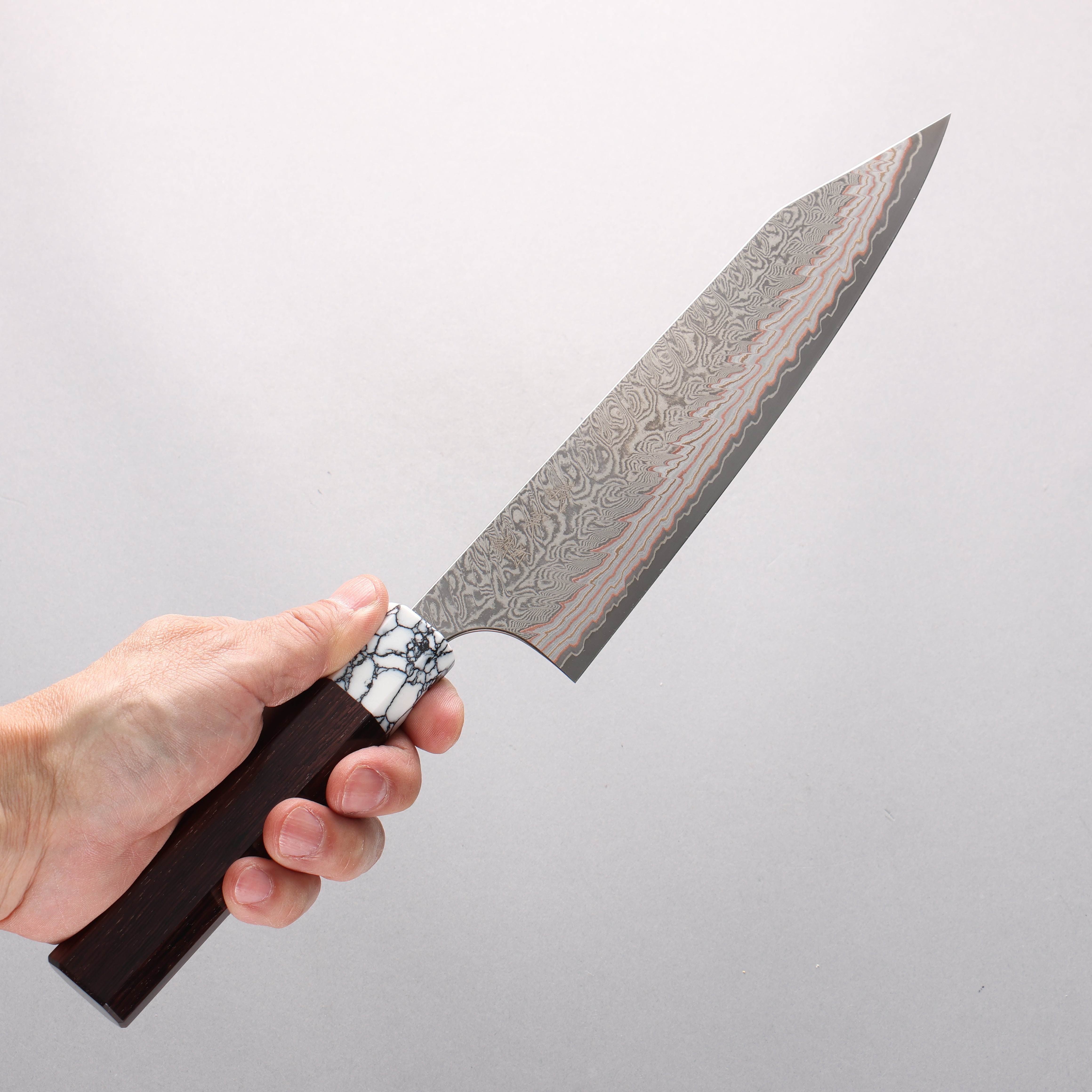 Yoshimi Kato VG10w Colored Damascus Kiritsuke Gyuto 210mm Rosewood & White Turquoise Handle - Seisuke Knife