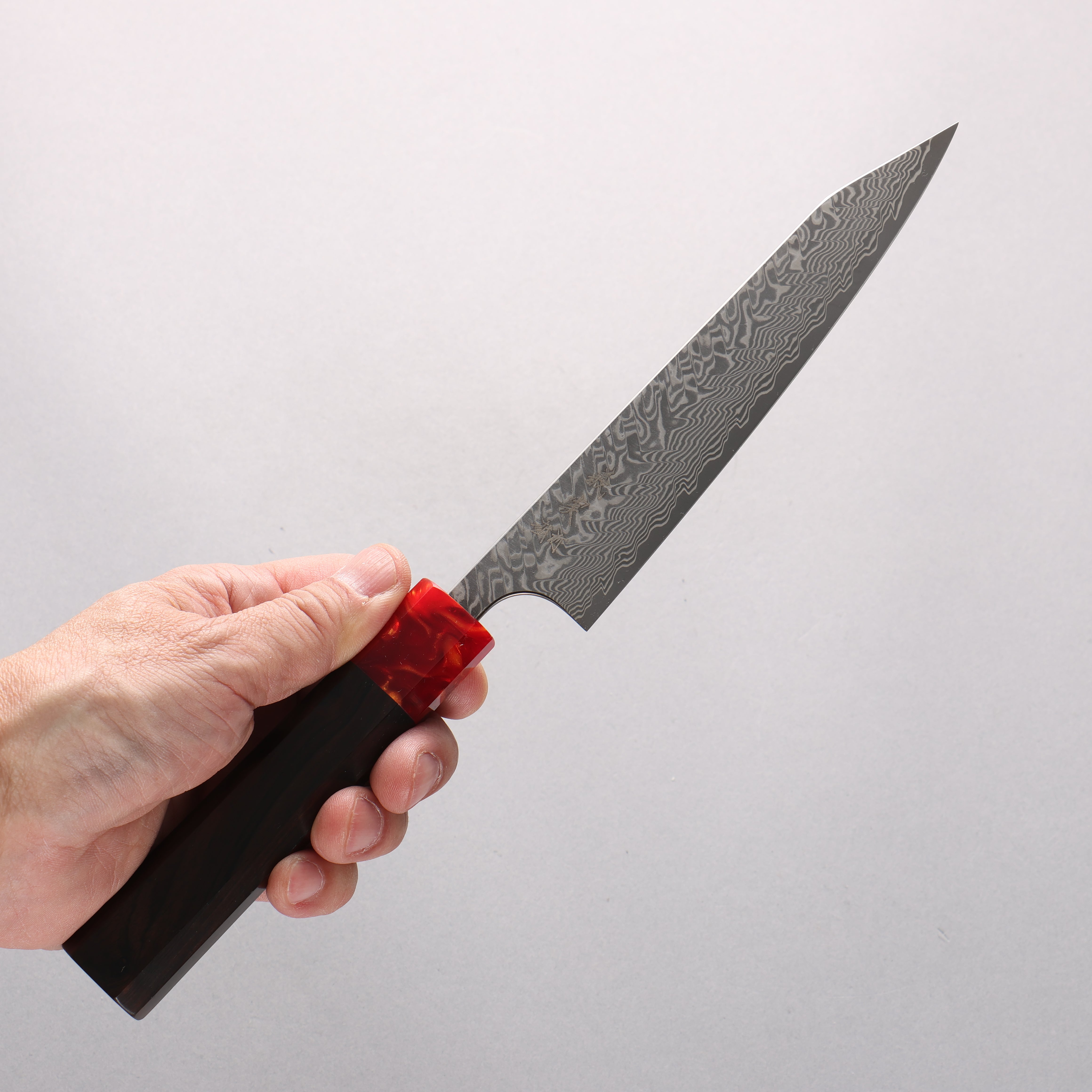 Yoshimi Kato SG2 Black Damascus Kiritsuke Petty-Utility 150mm Ebony Wood & Red Resin Handle - Seisuke Knife