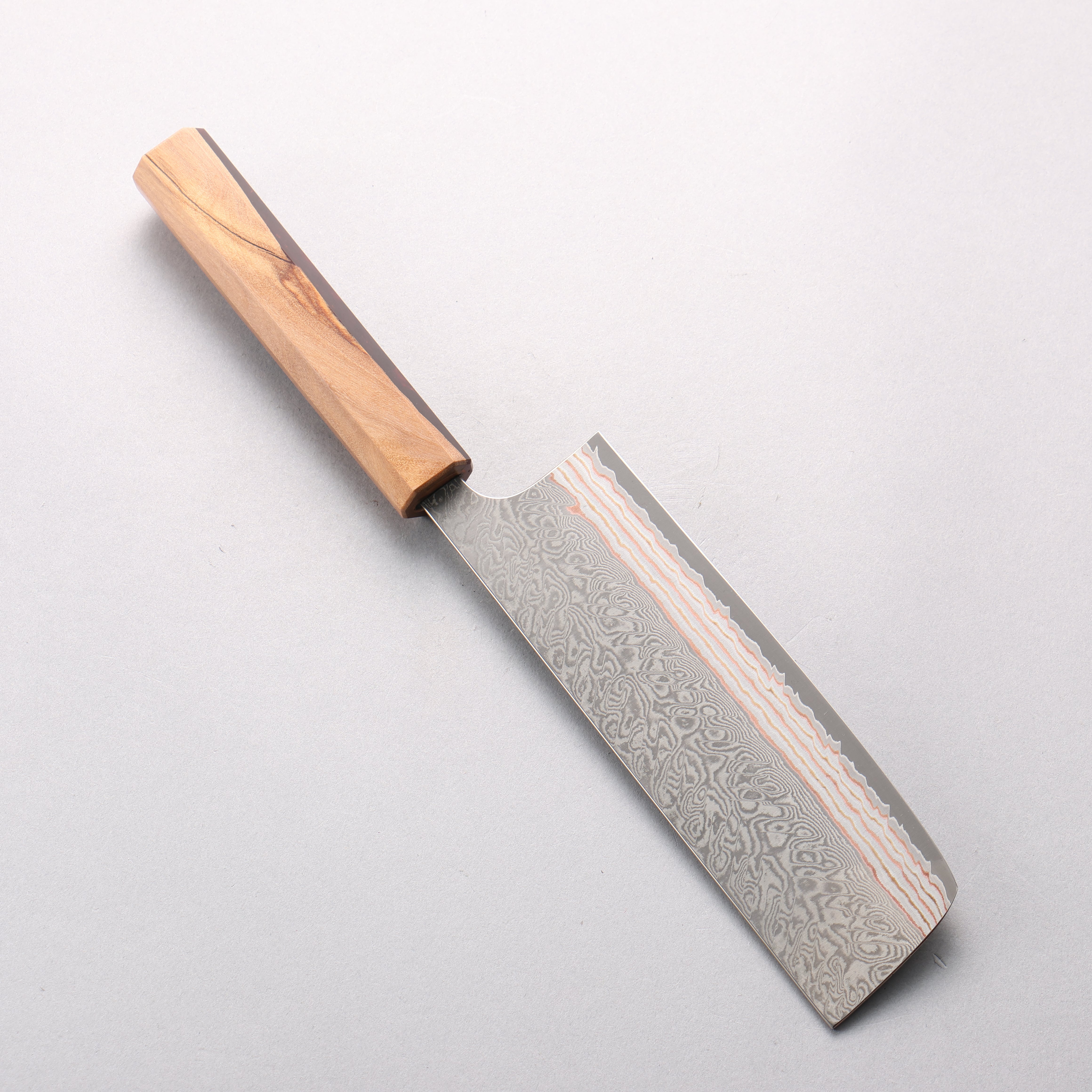 Yoshimi Kato VG10w Colored Damascus Nakiri 165mm Olive Wood & Red Resin Handle - Seisuke Knife