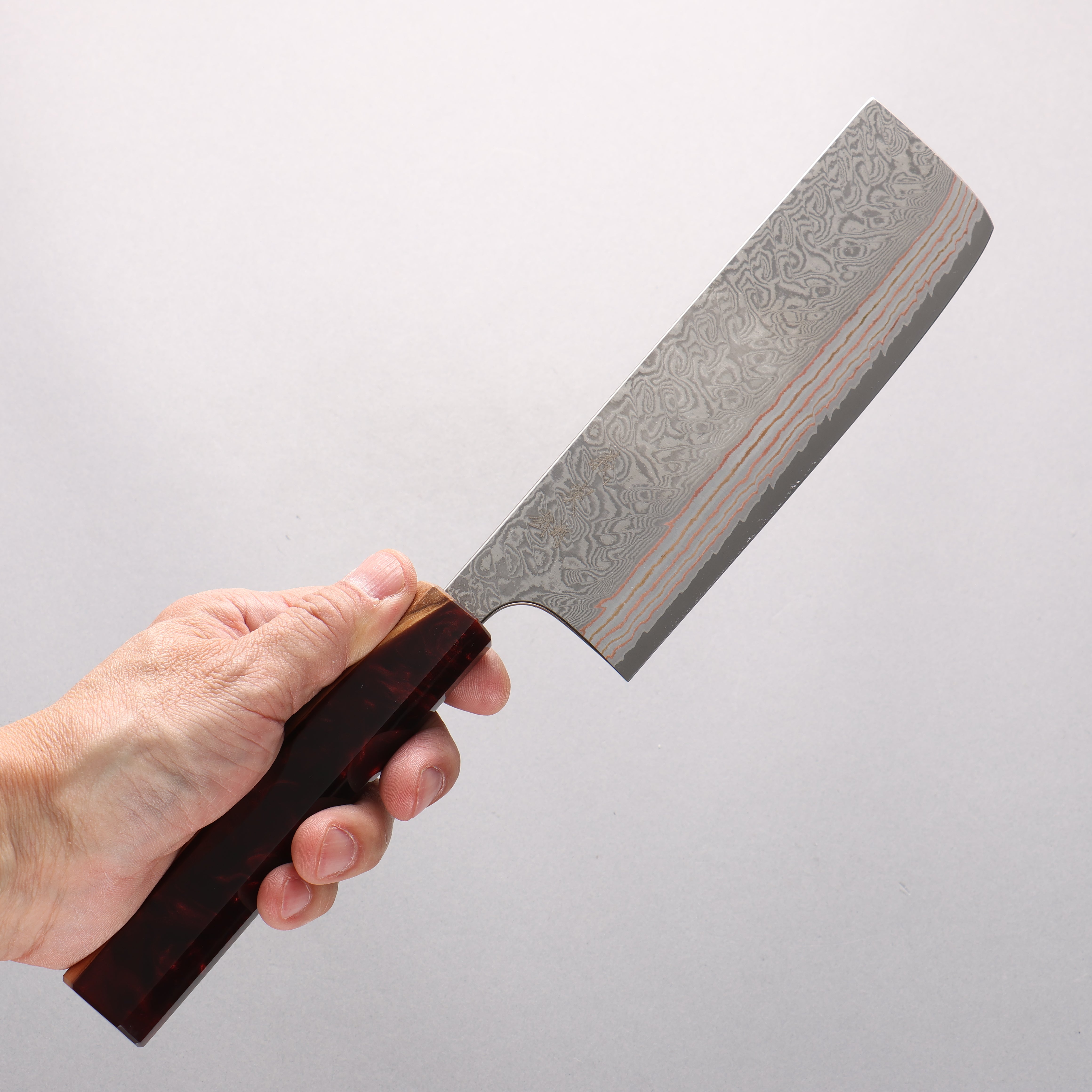 Yoshimi Kato VG10w Colored Damascus Nakiri 165mm Olive Wood & Red Resin Handle - Seisuke Knife