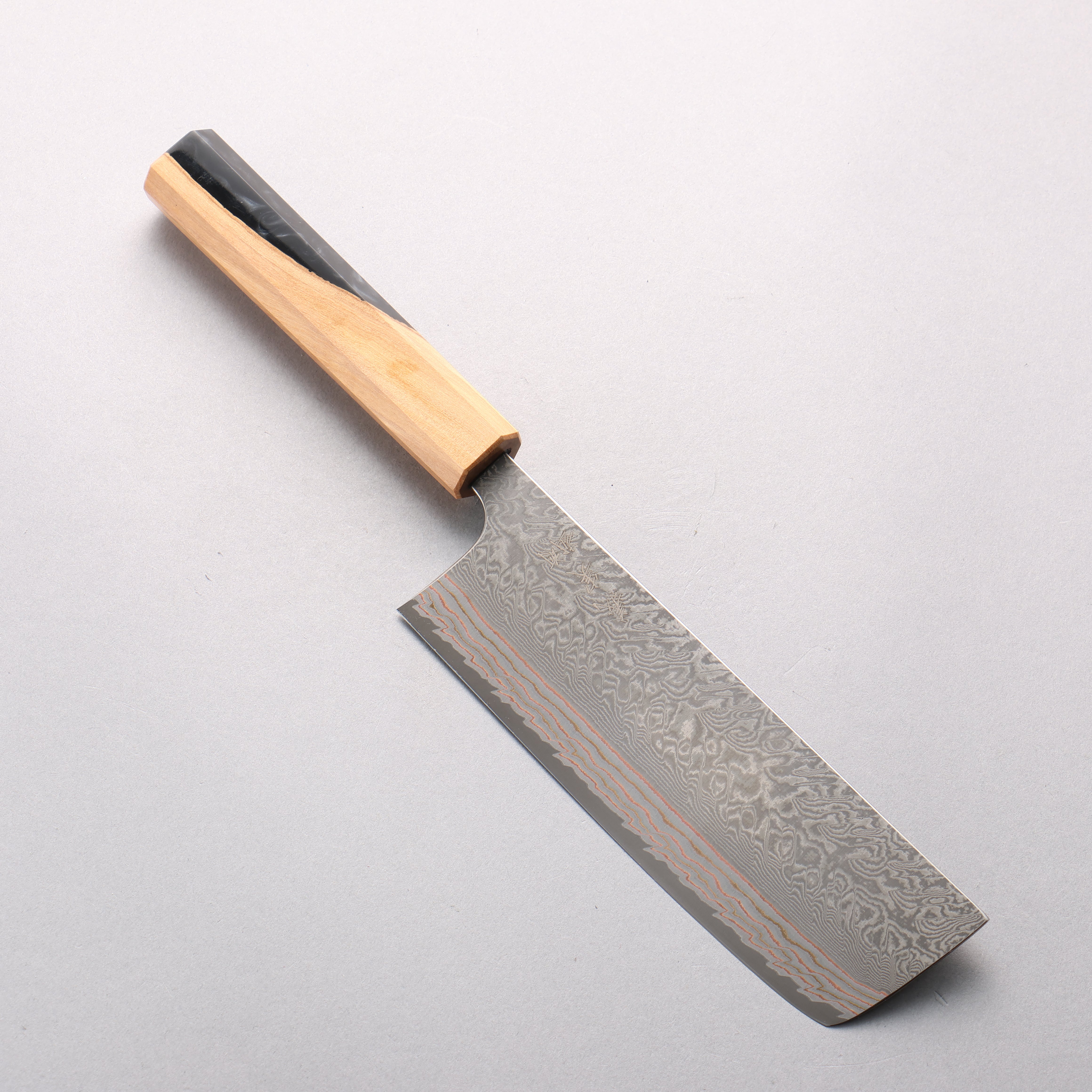 Yoshimi Kato VG10w Colored Damascus Nakiri 165mm Olive Wood & Black/White Marble Resin Handle - Seisuke Knife