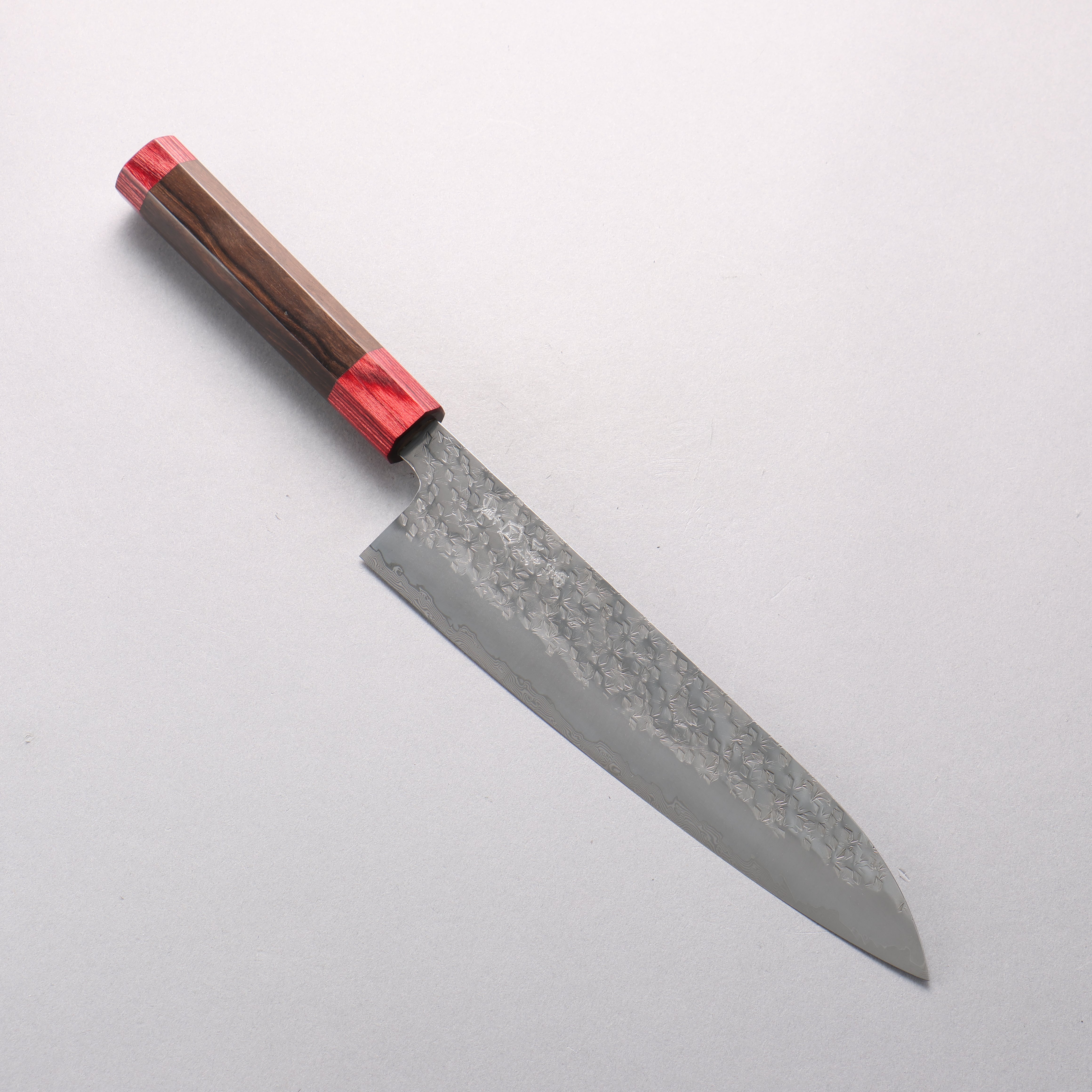 Makoto Kurosaki Kaen Coreless Hammered Damascus Gyuto 210mm Ebony Wood(With Double Red Pakka wood) Handle - Seisuke Knife