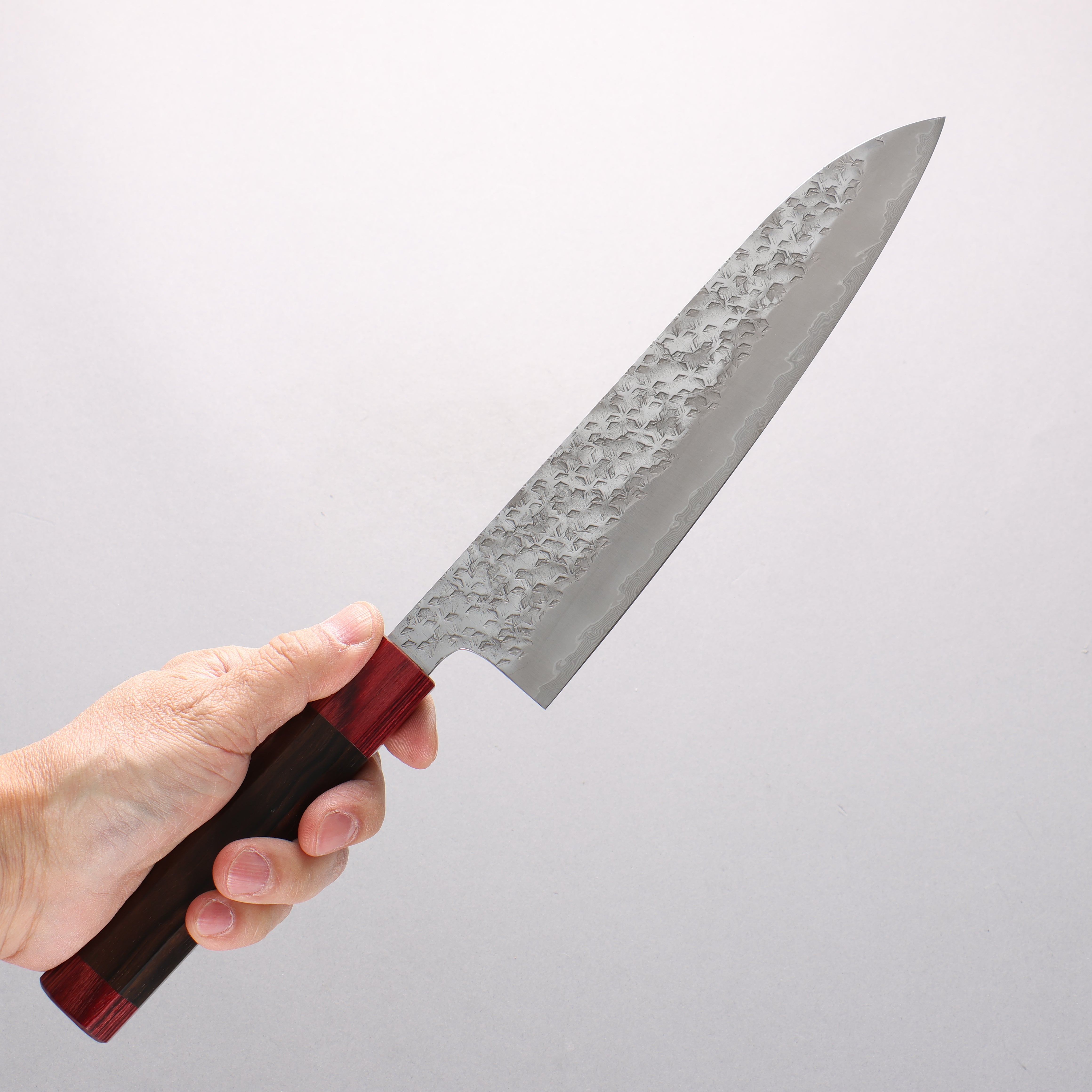 Makoto Kurosaki Kaen Coreless Hammered Damascus Gyuto 210mm Ebony Wood(With Double Red Pakka wood) Handle - Seisuke Knife