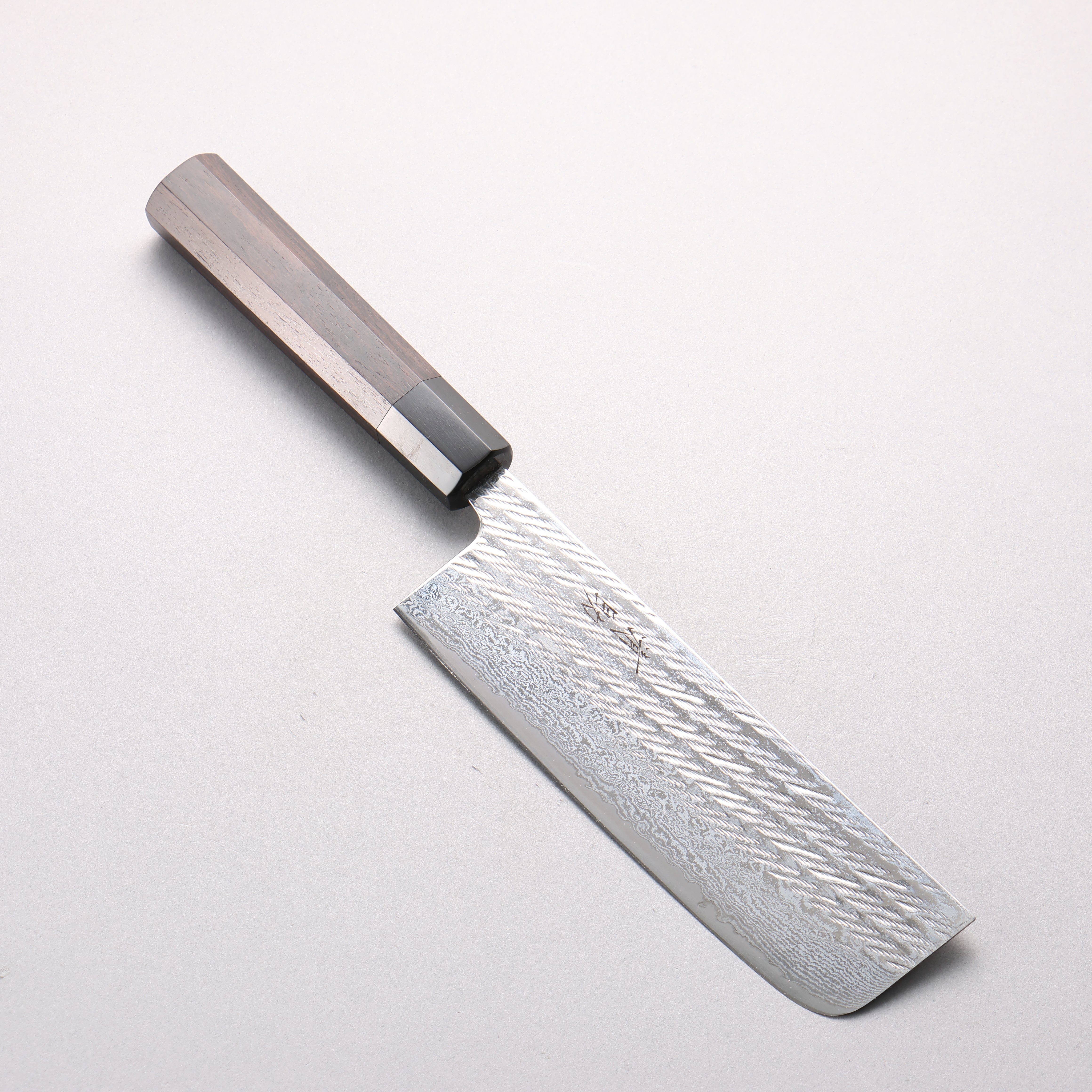 Seisuke Silver Steel No.3 Hammered Damascus Rope Pattern Nakiri 165mm Ebony Wood & Black Water Buffalo Horn Handle - Seisuke Knife