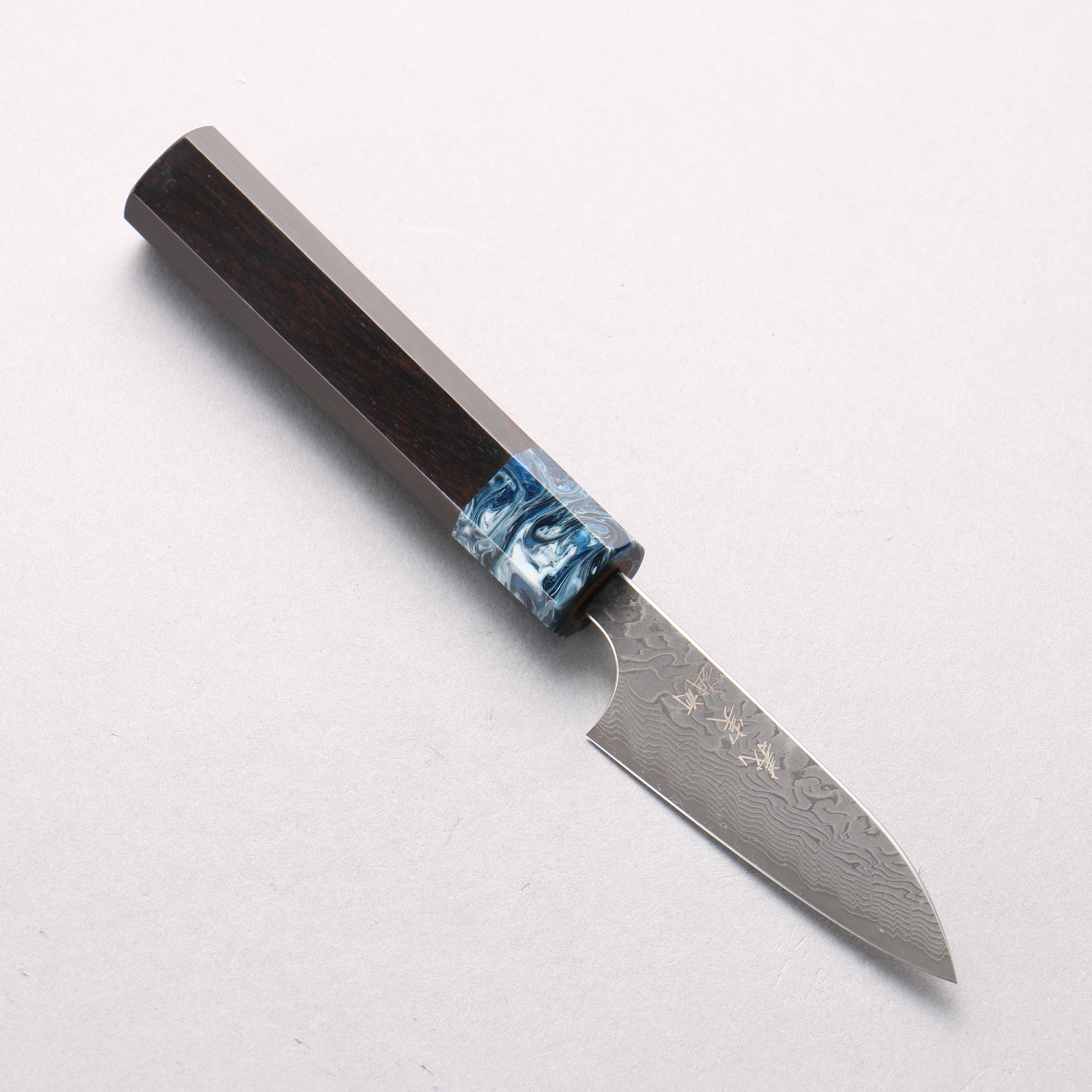 Yoshimi Kato SG2 Black Damascus Petty-Utility 80mm Ebony Wood & Blue Resin Handle - Seisuke Knife