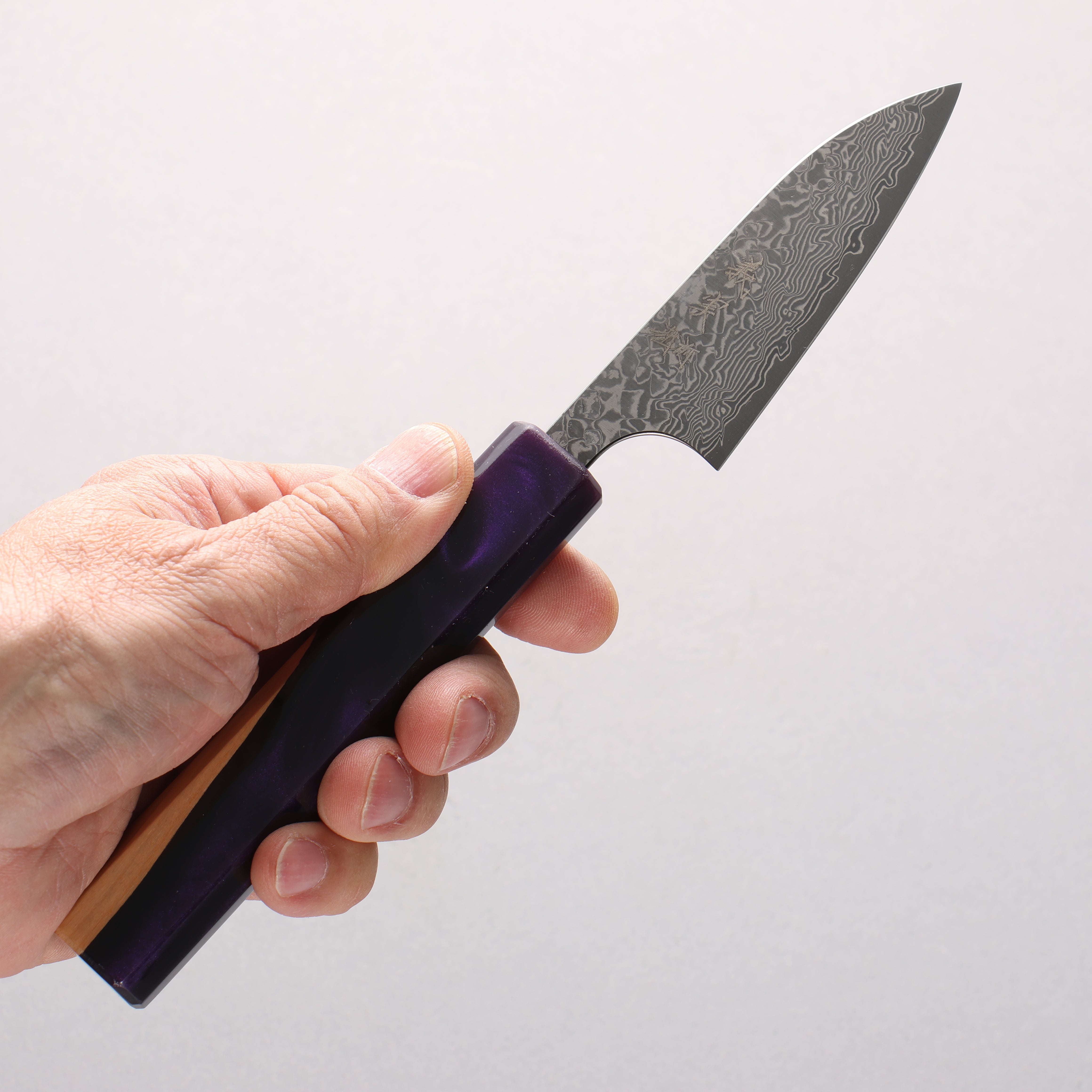 Yoshimi Kato VG10 Black Damascus Paring 80mm Olive Wood & Purple Resin Handle - Seisuke Knife